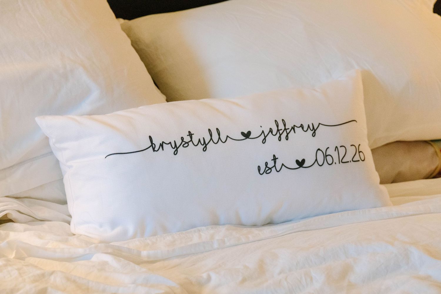 Custom white wedding pillow with names Krystyll and Jeffrey est. 06.12.26.