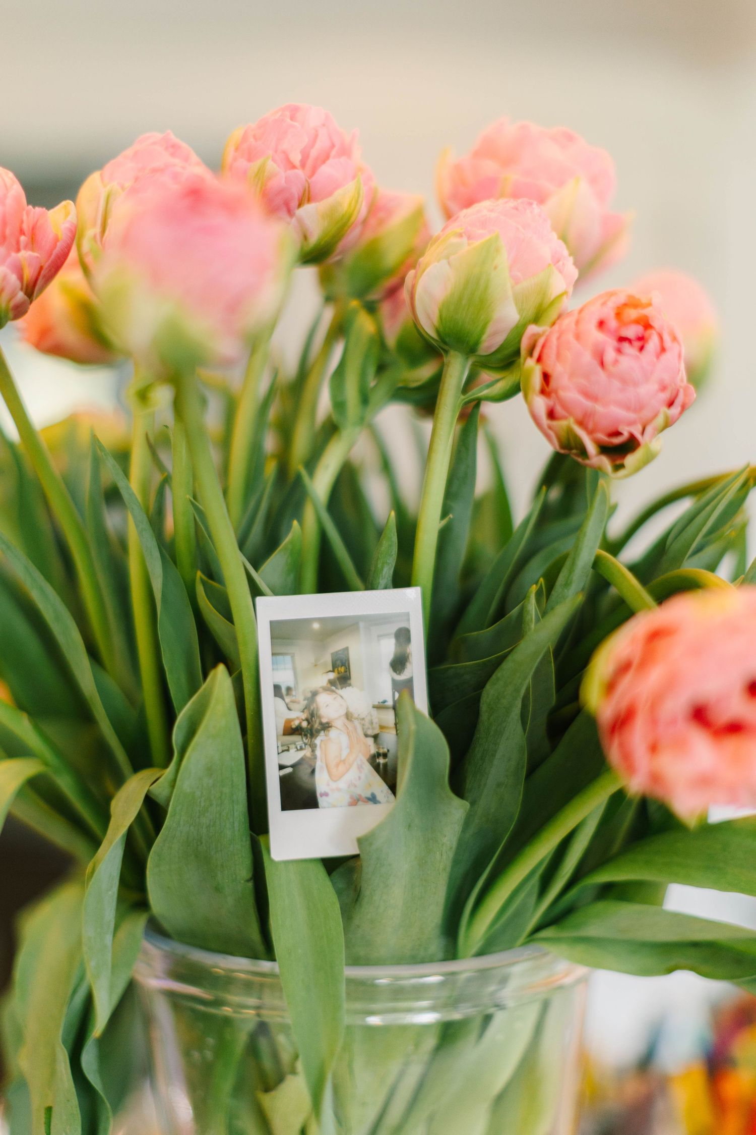 Pink peony tulips in glass vase with small Polaroid photo tucked among stems.