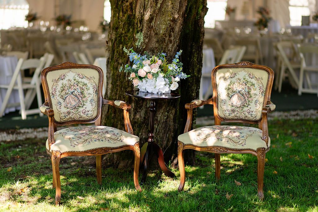 Two vintage French tapestry chairs beside tree trunk at outdoor wedding reception venue.