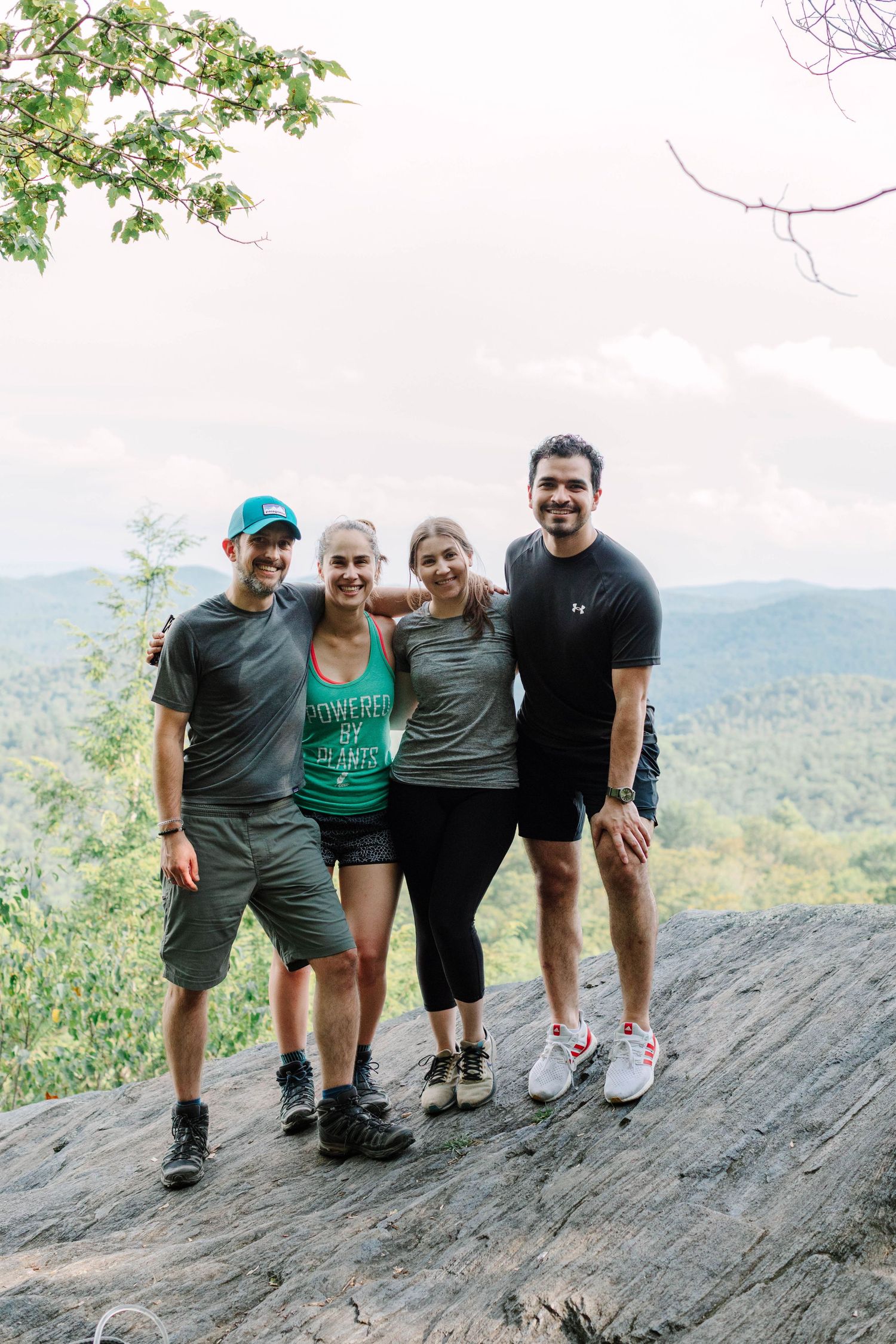Group of four friends posing together on a rocky overlook with a stunning mountain valley view.