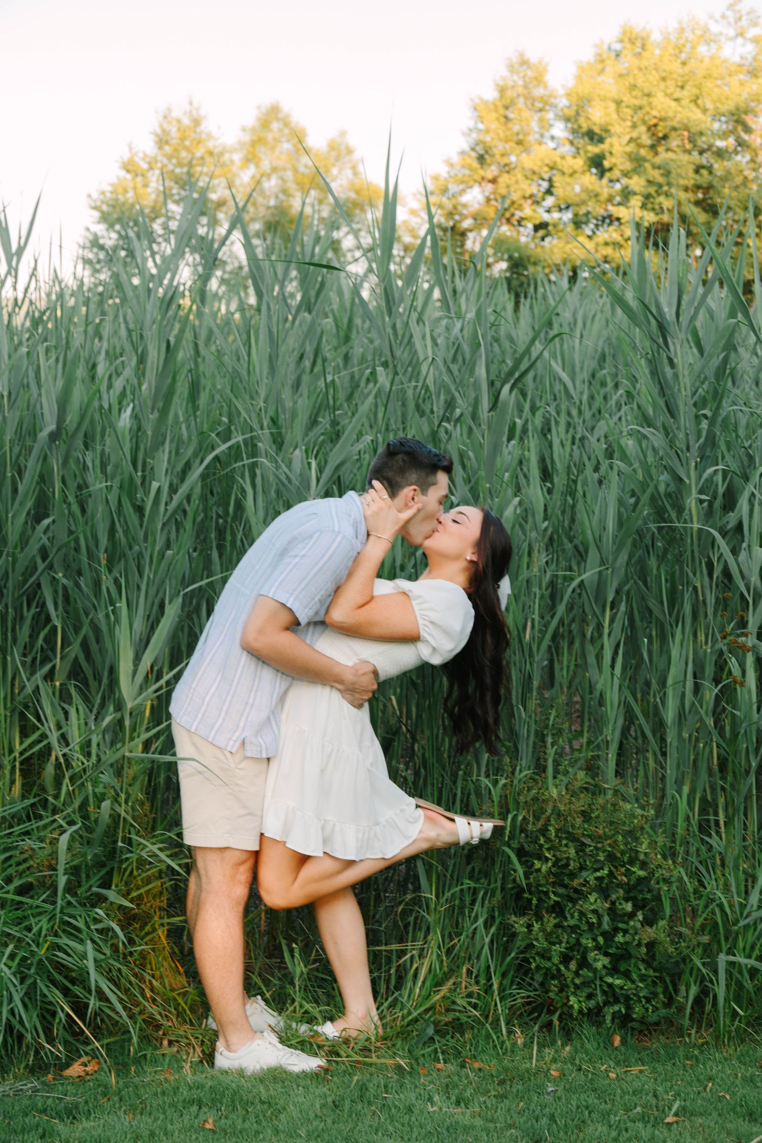 Couple sharing a passionate dip kiss in front of tall green reeds during an outdoor engagement session.