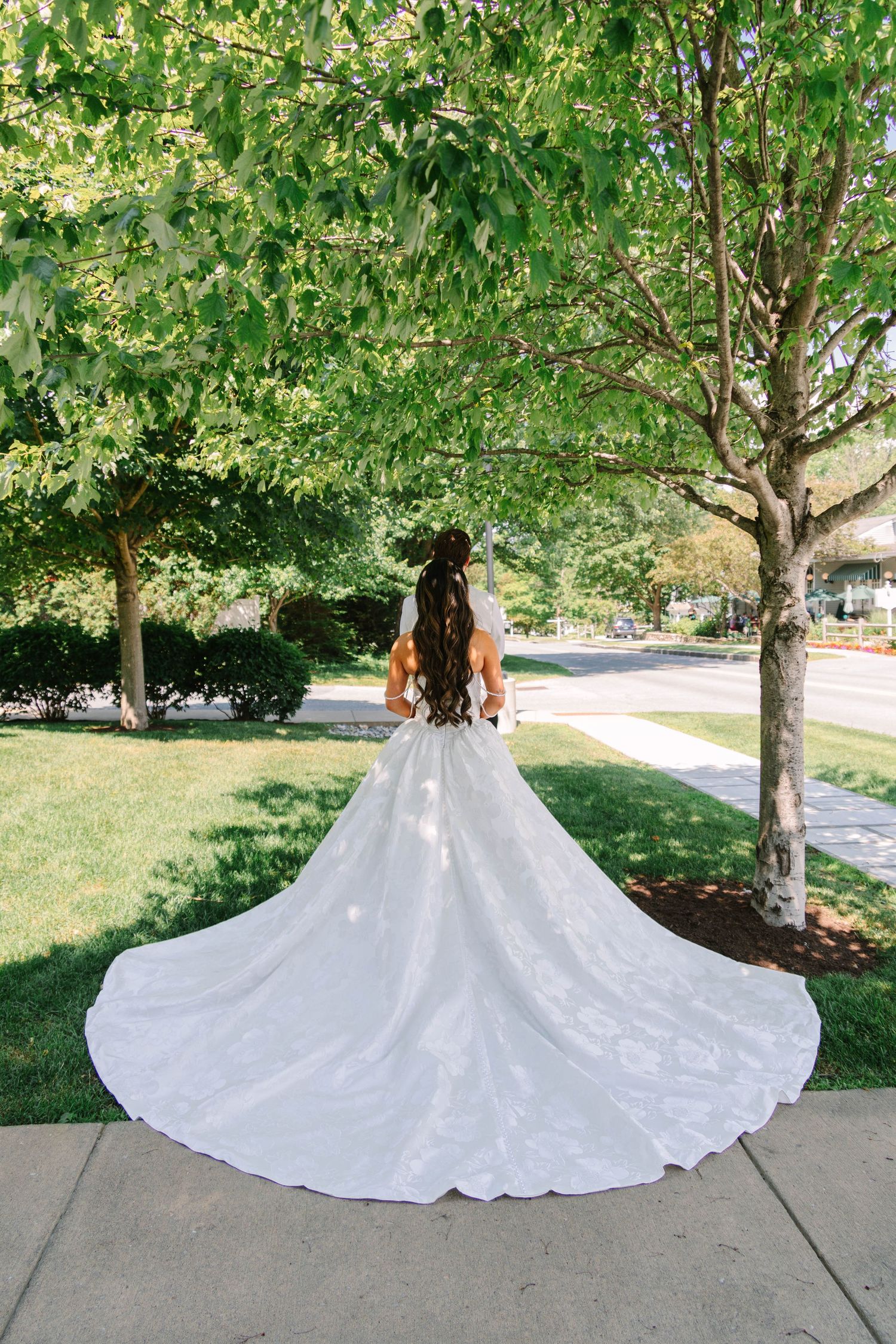 Bride in strapless ball gown with long cathedral train standing under green tree outdoors.