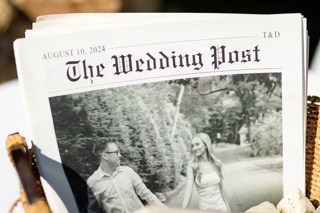 The Wedding Post newspaper dated August 10 2024 features black and white photo of bride and groom.