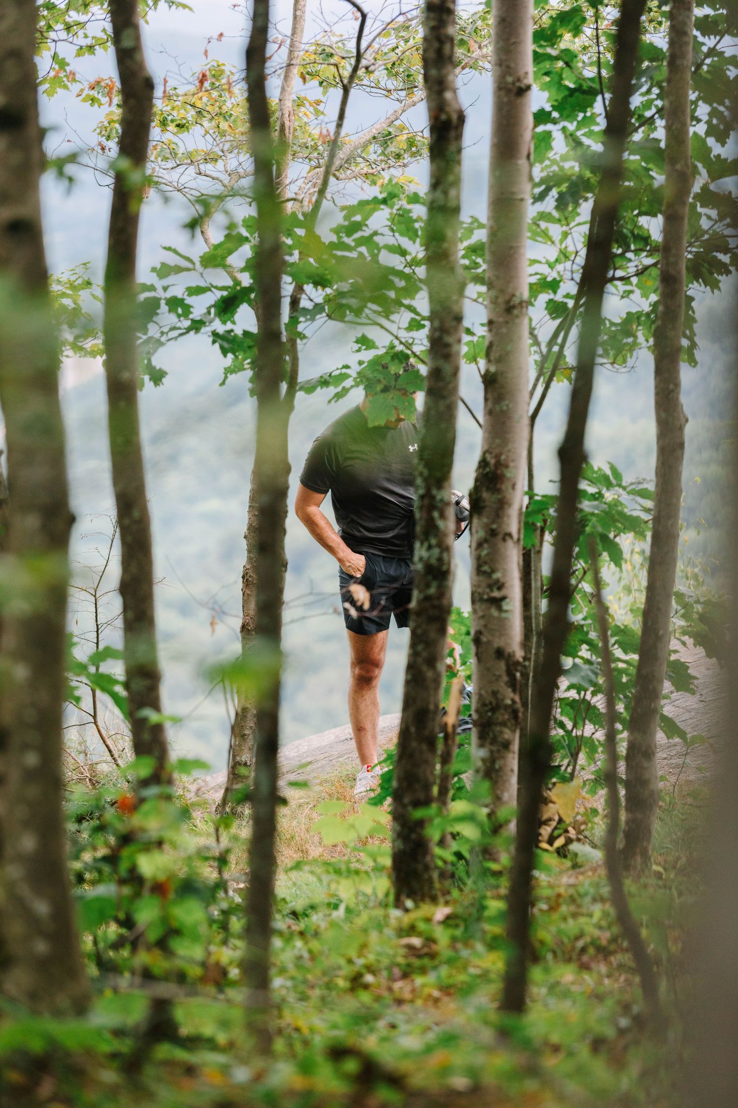 Man in dark shirt standing among tall trees on a forested hillside with misty mountains behind.