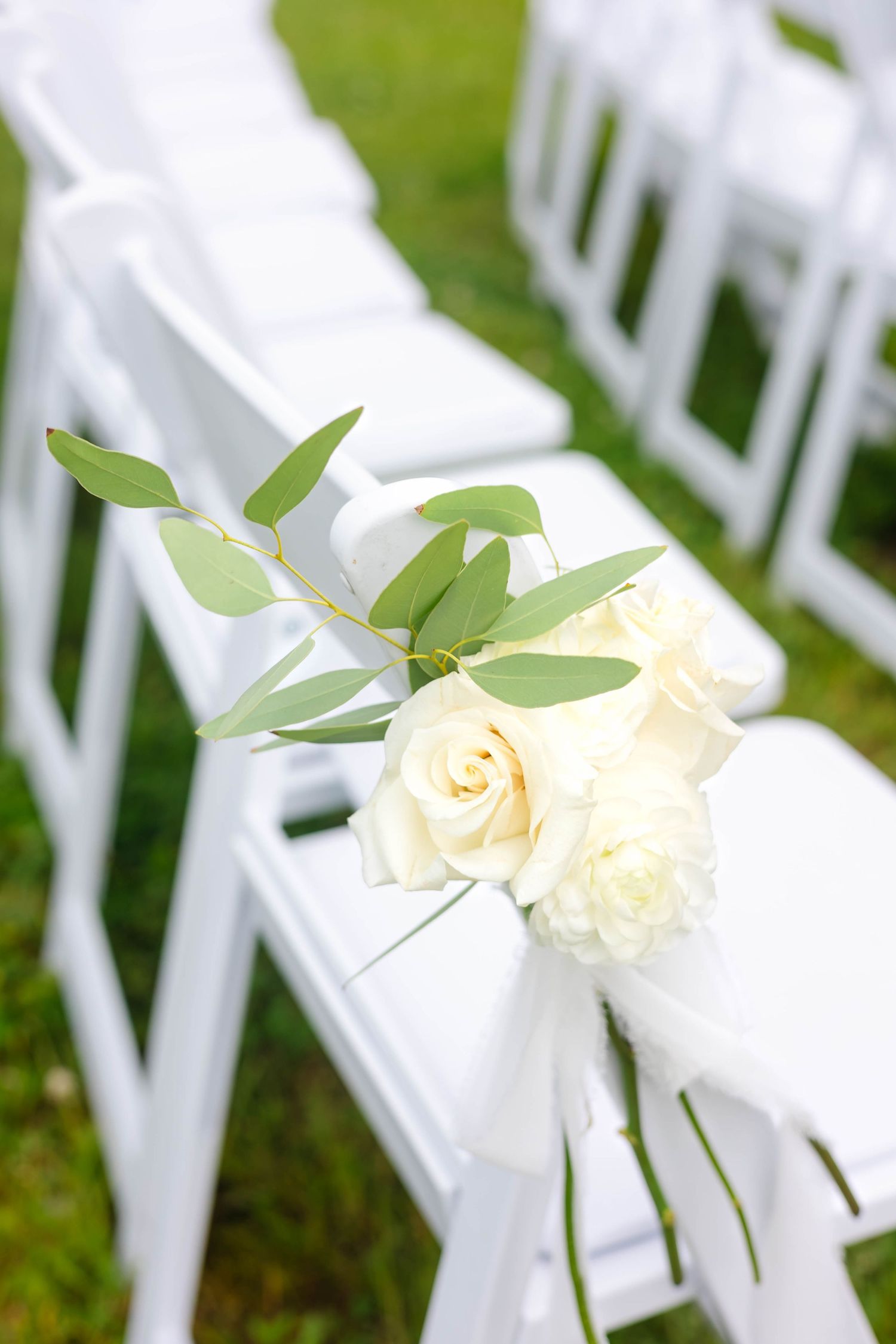 White roses and eucalyptus tied with ribbon decorating the end of white chairs at an outdoor wedding.