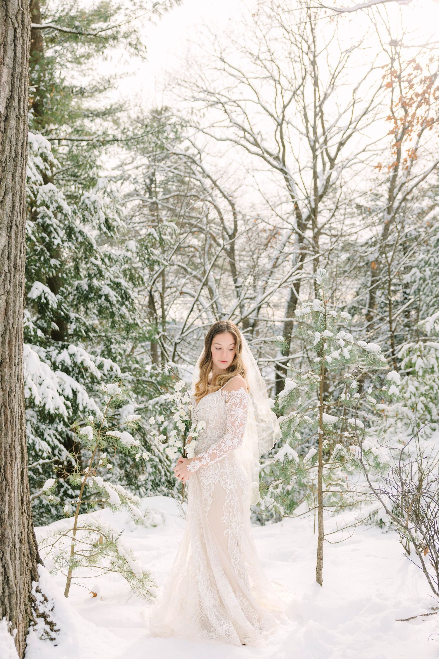 Bride in lace wedding gown and veil standing in snowy winter forest with snow-covered evergreen trees.