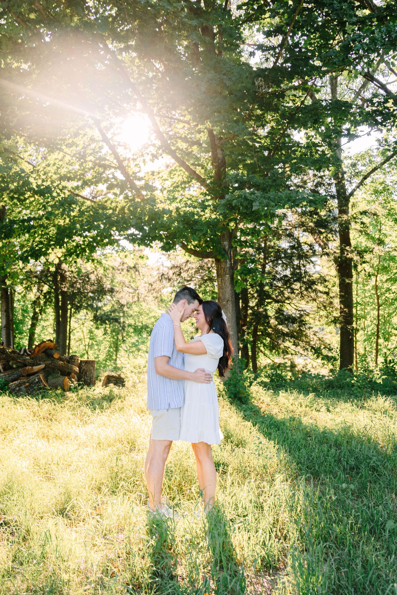 Couple embracing in golden sunlight among lush green trees in a forest clearing.