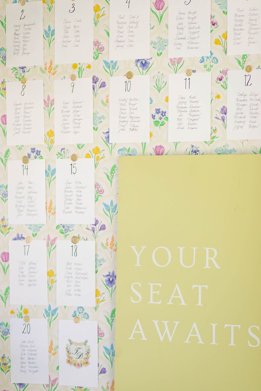 Floral seating chart display with watercolor flowers and yellow Your Seat Awaits sign for wedding reception.