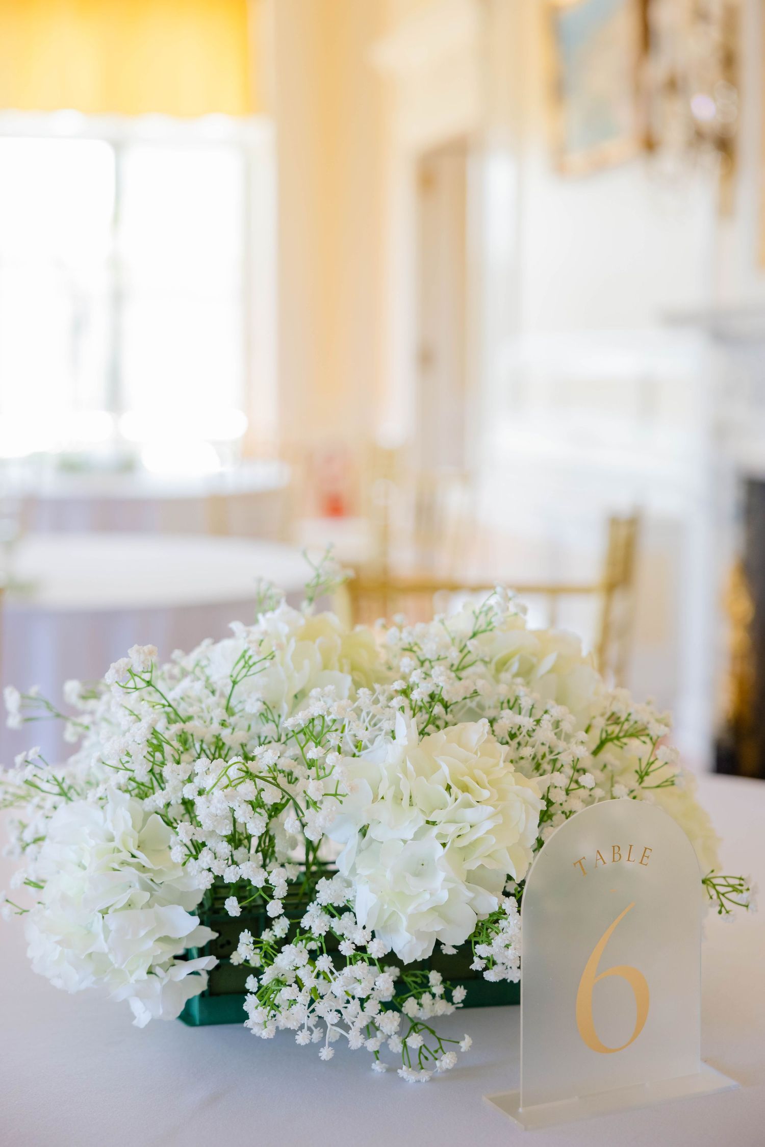 White hydrangea and baby's breath centerpiece with gold table number 6 at an elegant wedding reception.