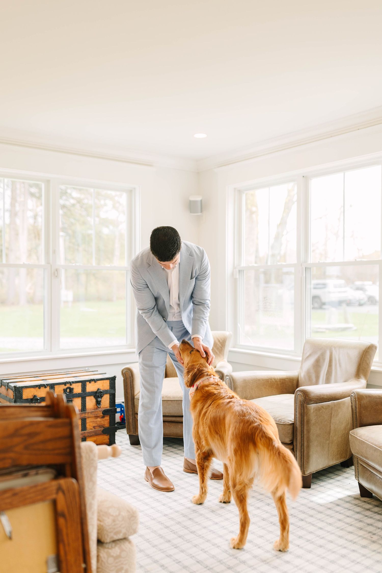 Groom in light blue suit bending to pet golden retriever in sunlit living room.