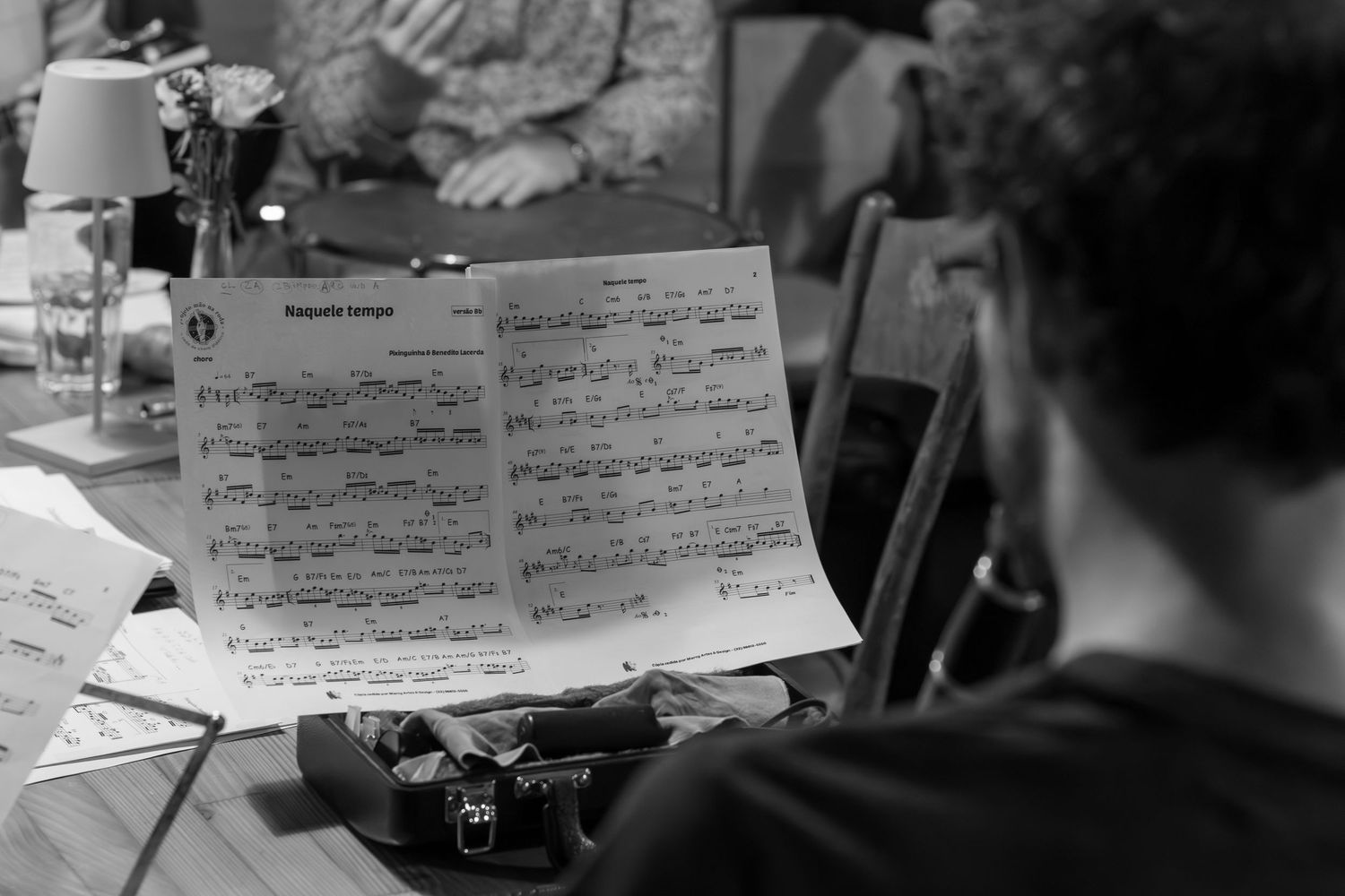 Sheet music on a stand with musical notes visible in black and white.