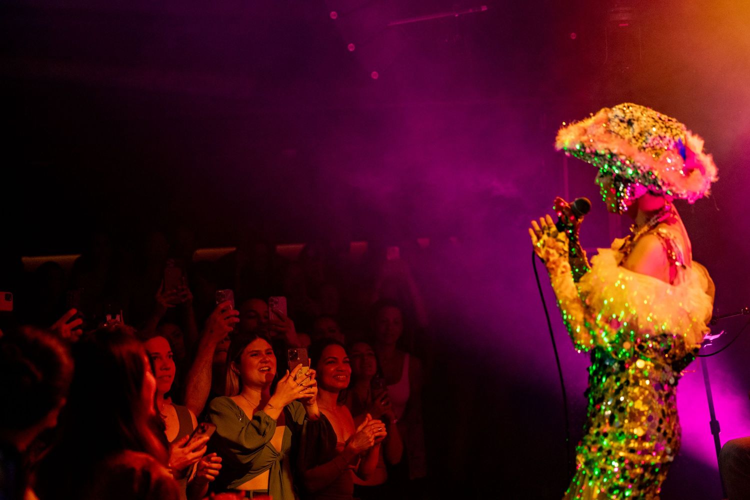 Concert performer in sequined costume illuminated by purple stage lighting as crowd cheers.