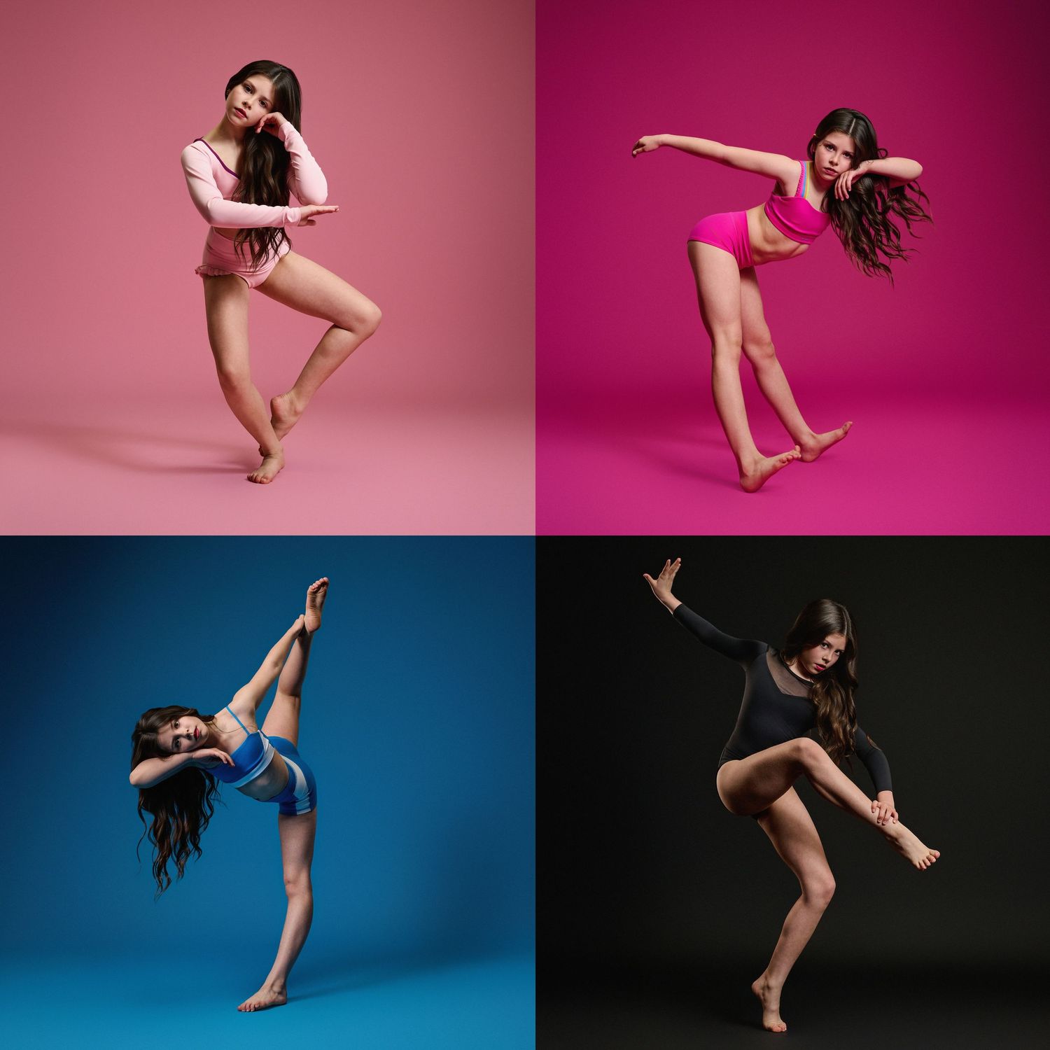 Series of dynamic dance poses against pink and blue color-blocked backgrounds.