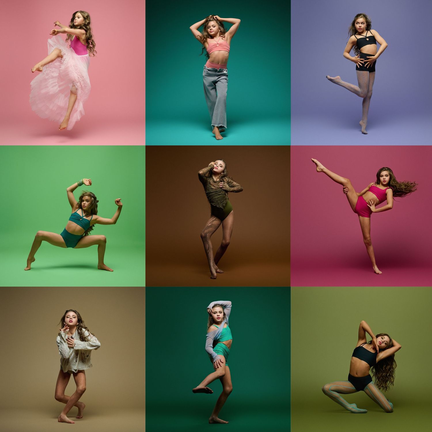 Collection of contemporary dance poses against vibrant multicolored studio backgrounds.