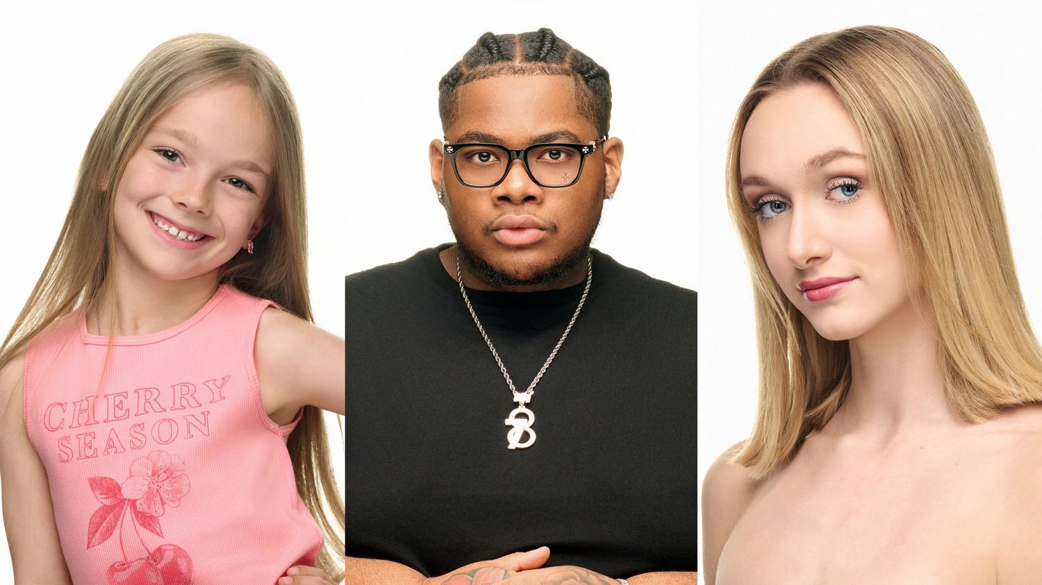 Studio portraits showcasing different modeling styles and expressions against plain backgrounds.