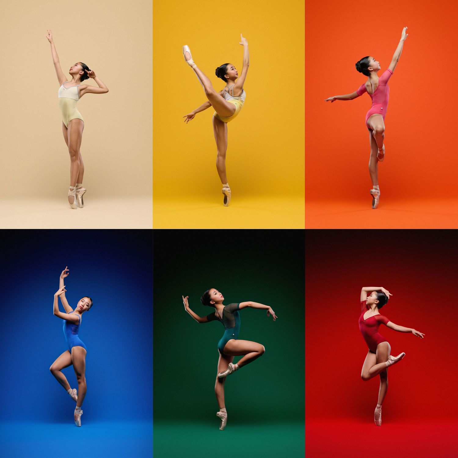 Dance sequence photos against colorful geometric backdrop panels.