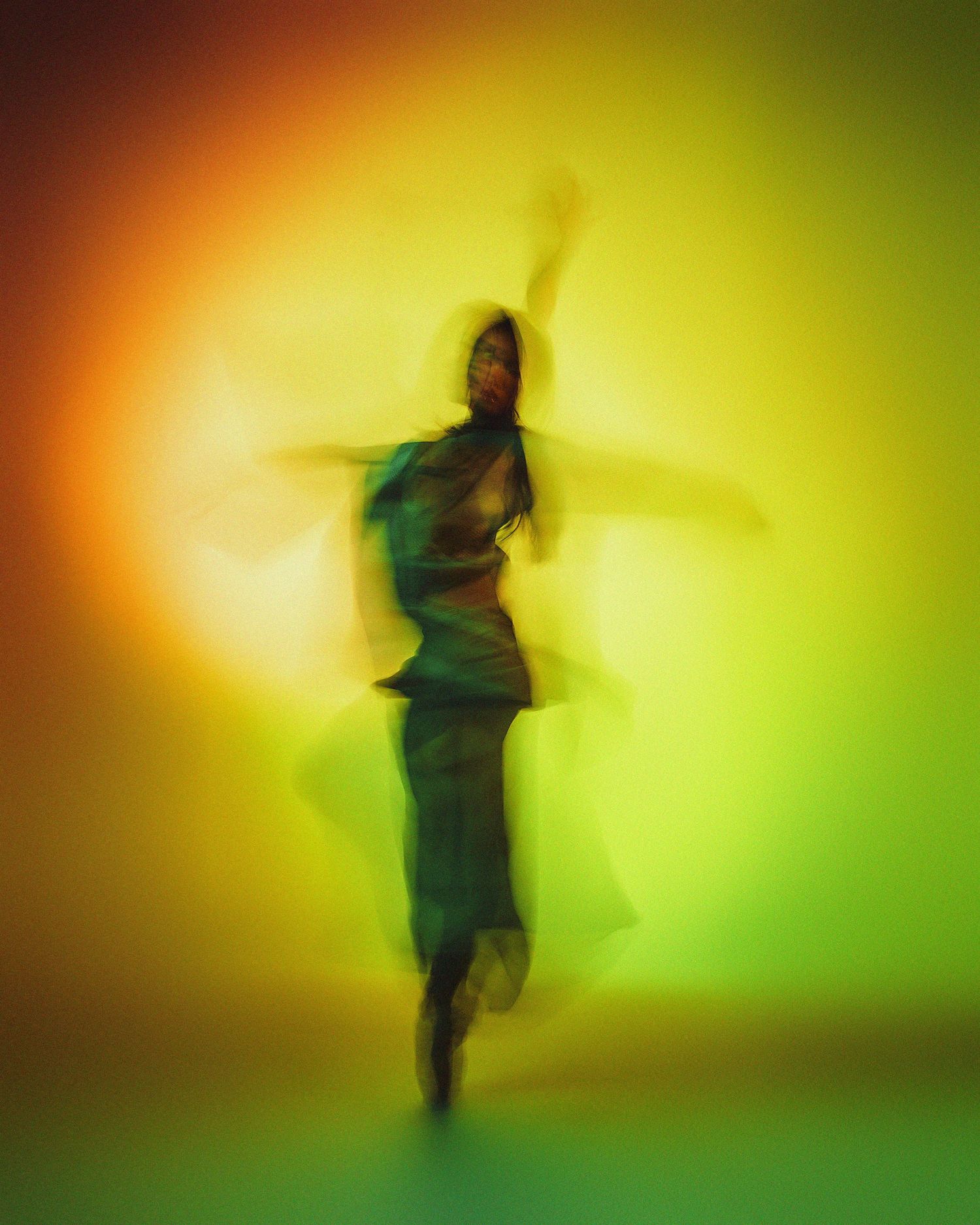 Abstract silhouette of dancer in motion against vibrant yellow-green gradient background.