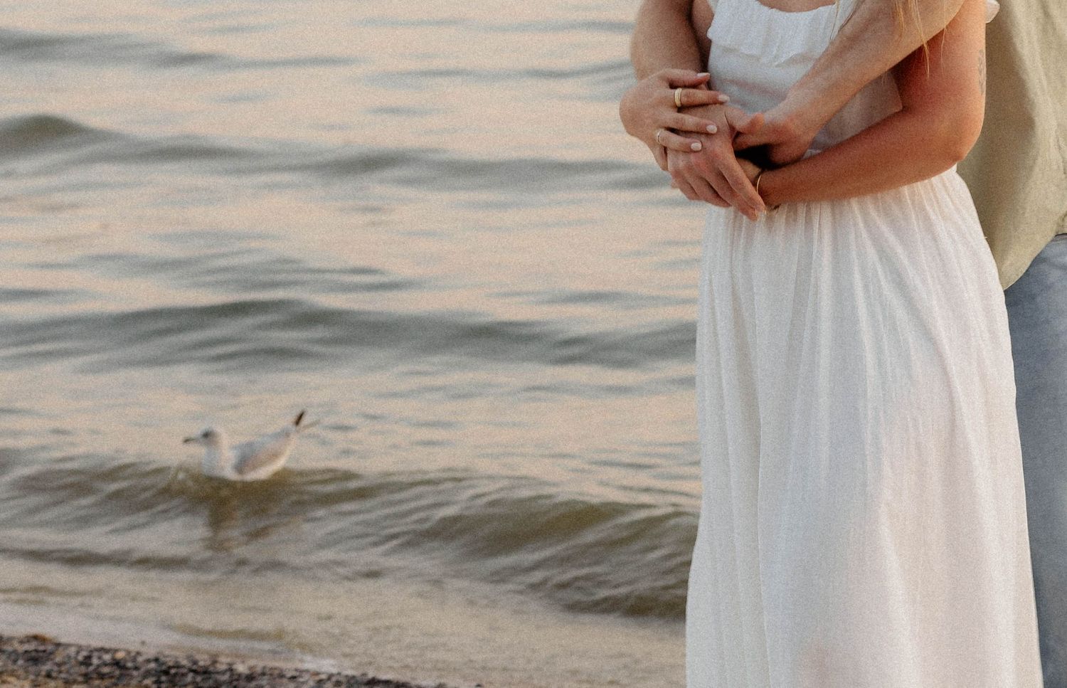 Pregnant woman in white dress standing on a pebble beach with a seagull in the background.