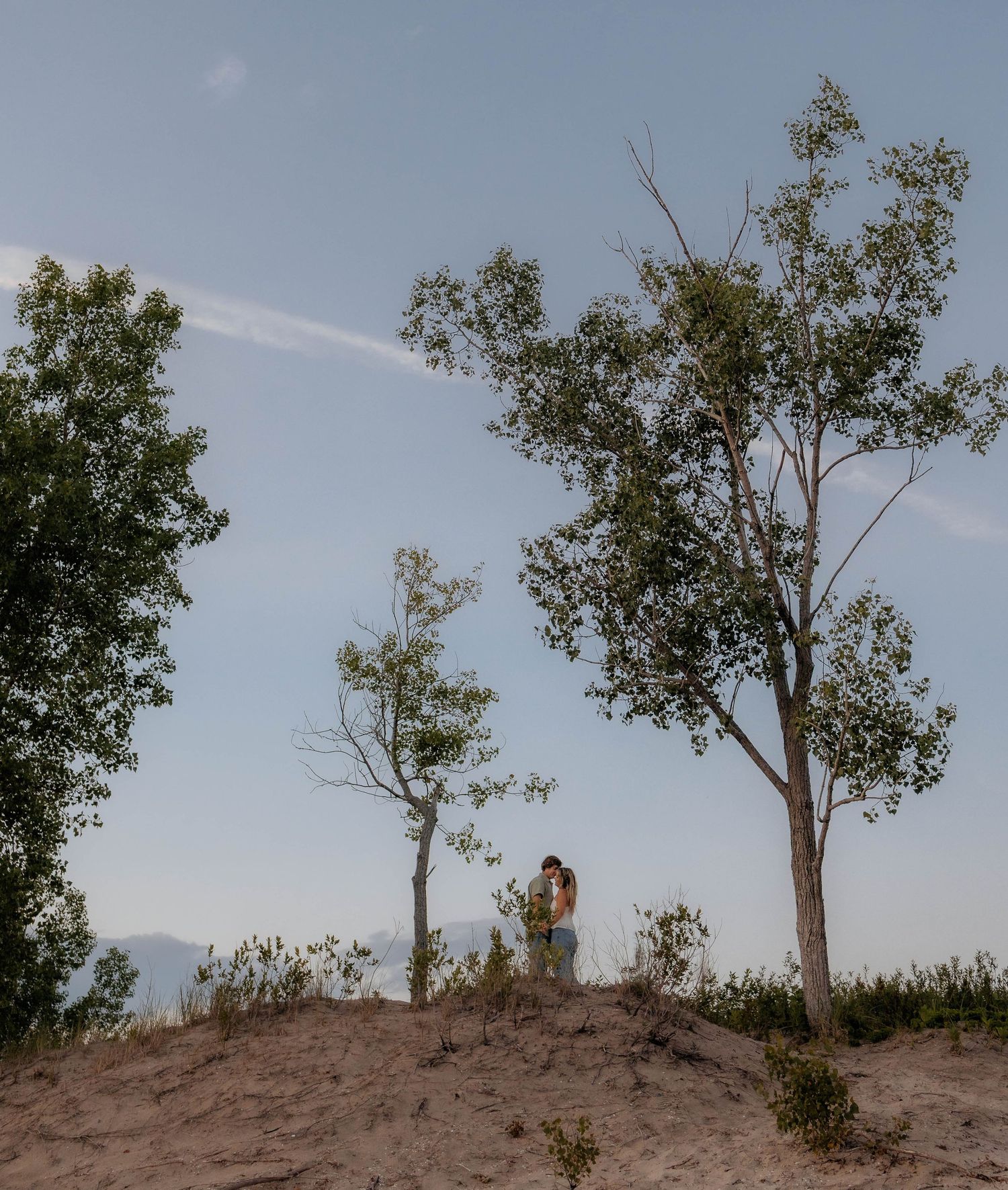 Couple sharing a romantic moment on a sandy dune surrounded by tall trees under a clear blue sky.