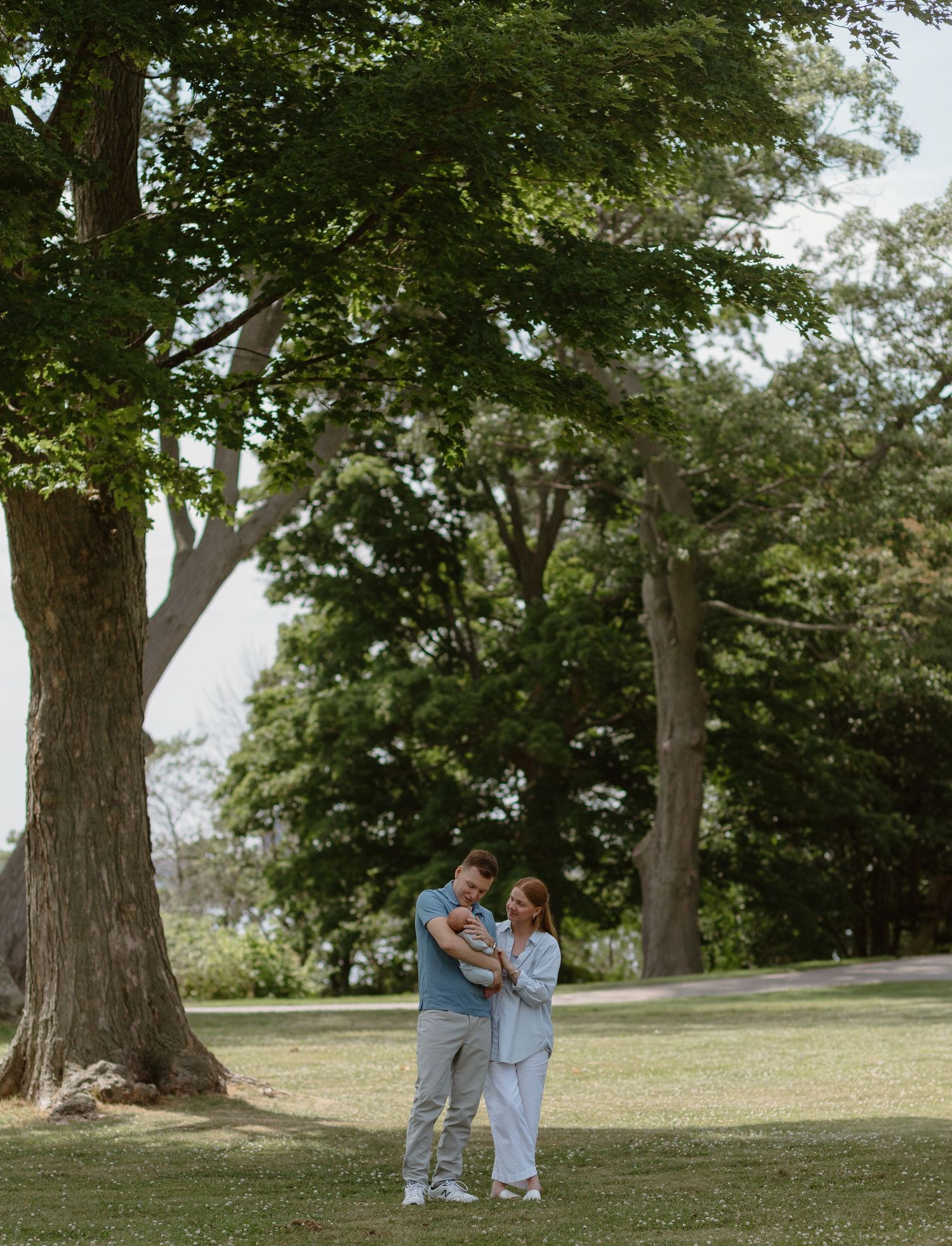 Couple embracing and smiling in a lush green park beneath large trees on a sunny day.