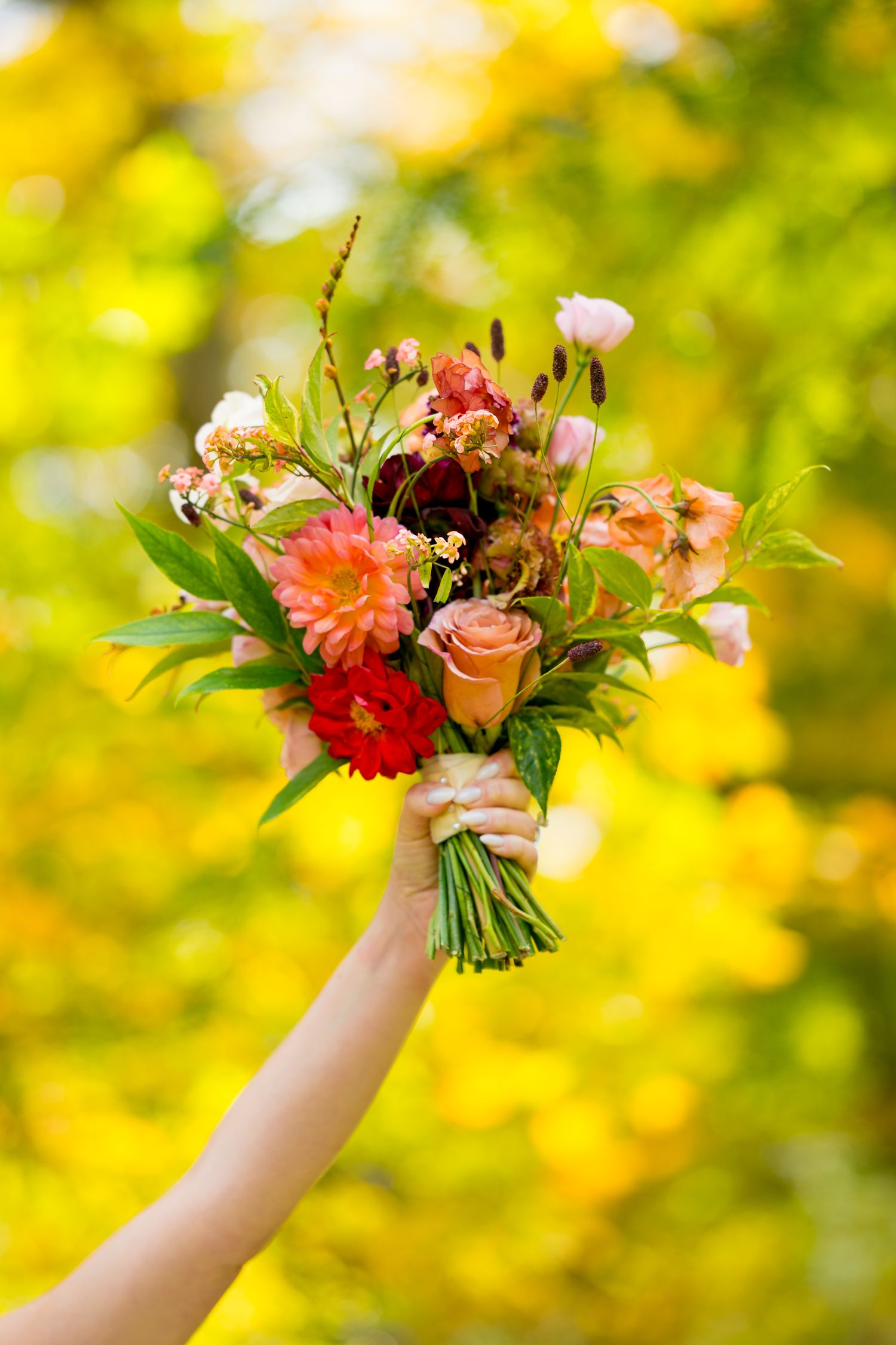 Hands holding colorful floral arrangements with gerbera daisies and roses against a bright yellow bokeh background.