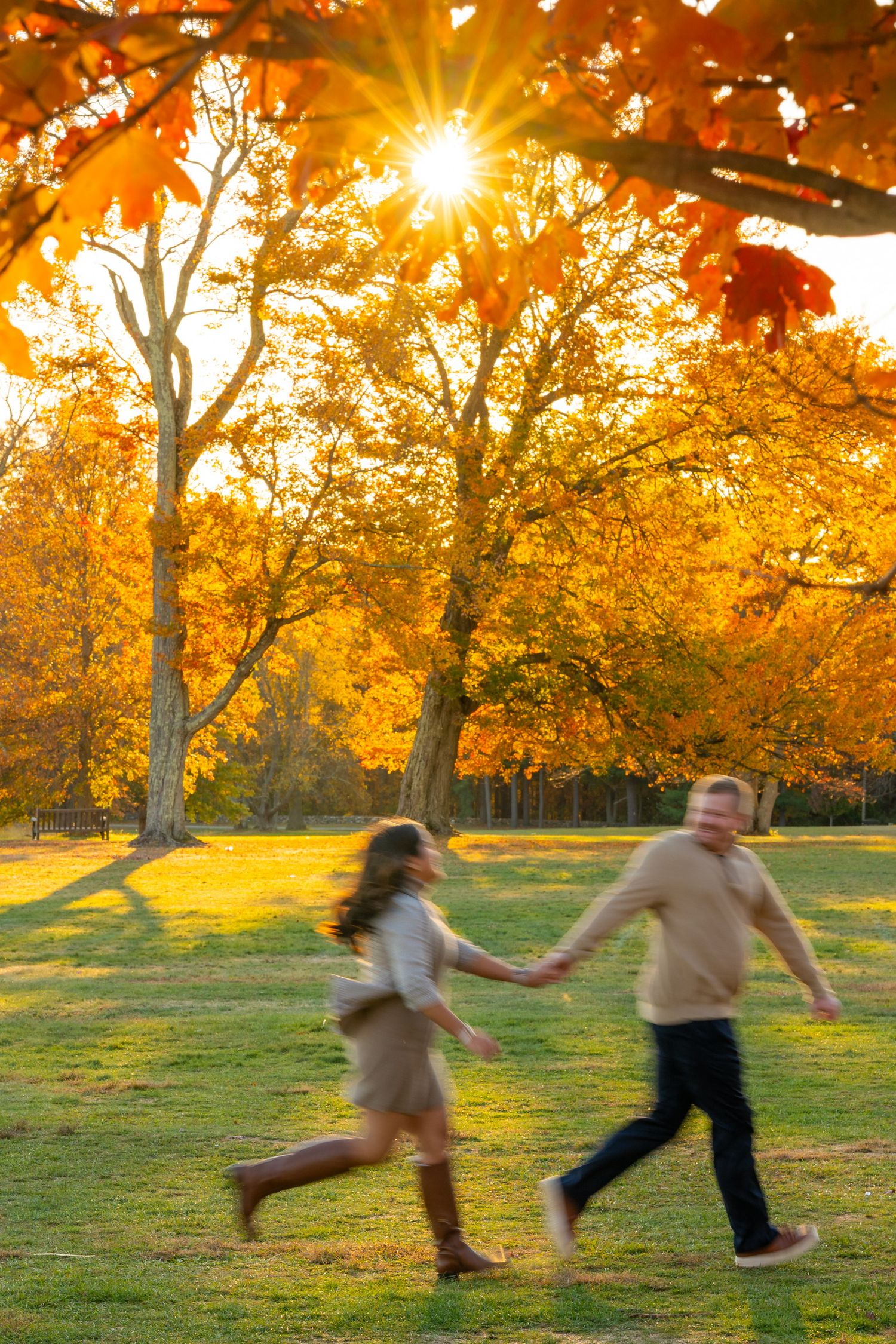 People playing and running in a park during sunset with golden autumn leaves in Connecticut.