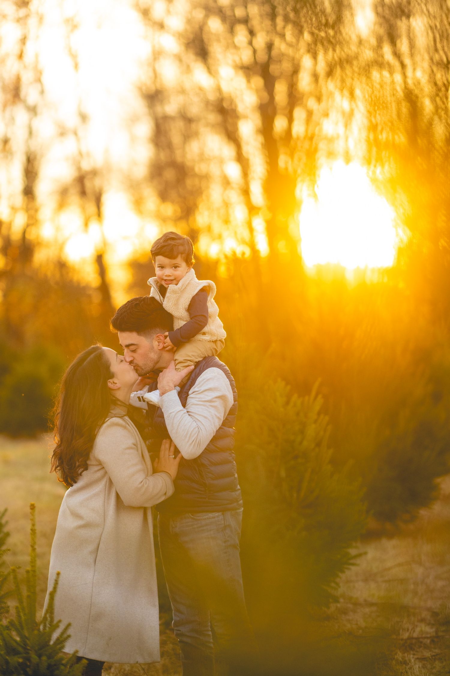 Silhouettes of a couple sharing tender moments at golden sunset in a natural outdoor setting.