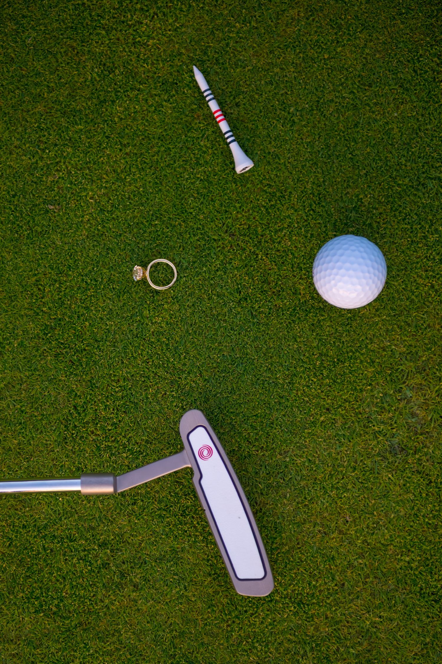 Golf equipment including balls, tees and putters arranged on green turf.