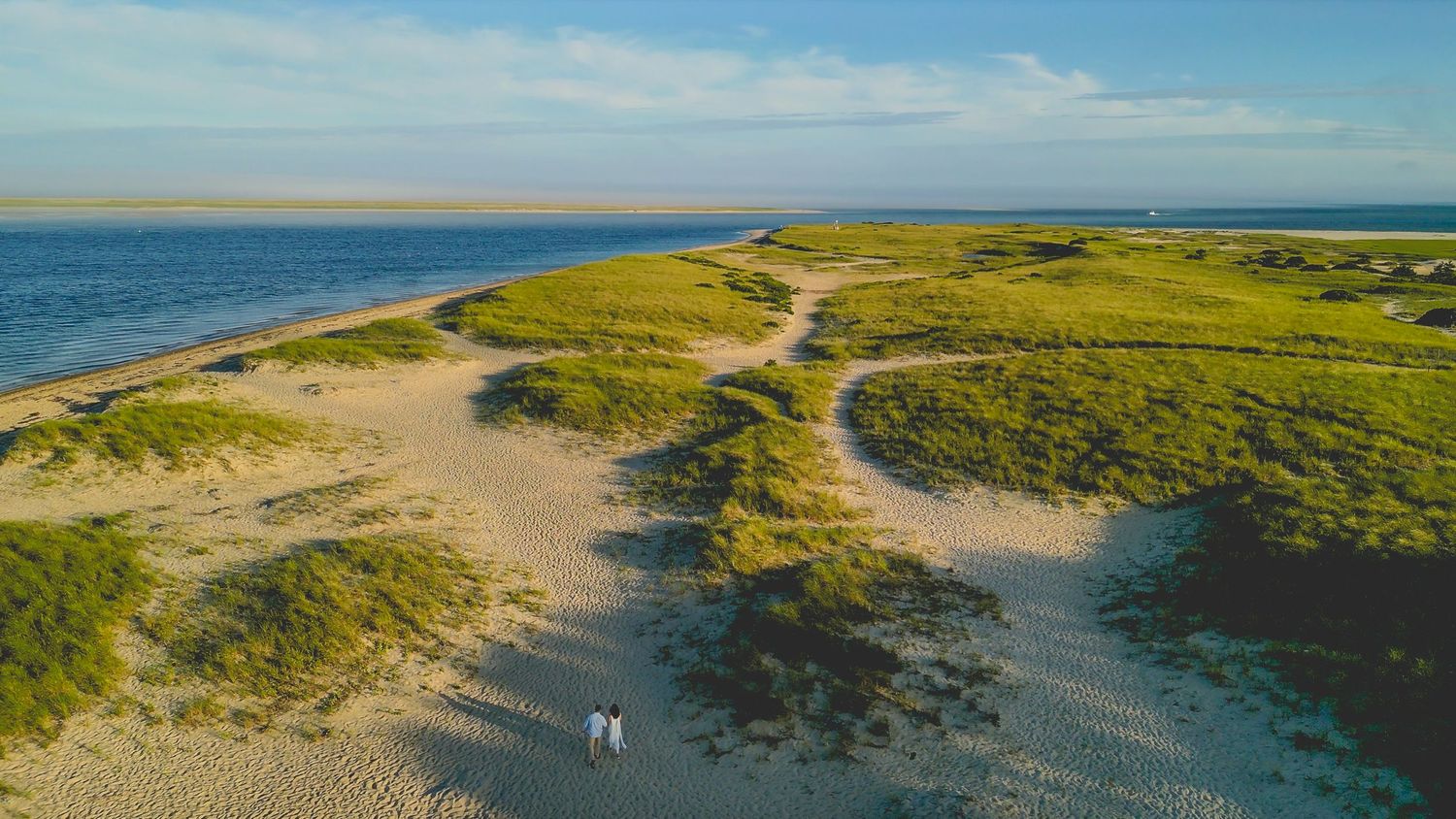 Aerial panorama of coastal Cape Cod landscape showing beach, dunes and ocean under blue skies.
