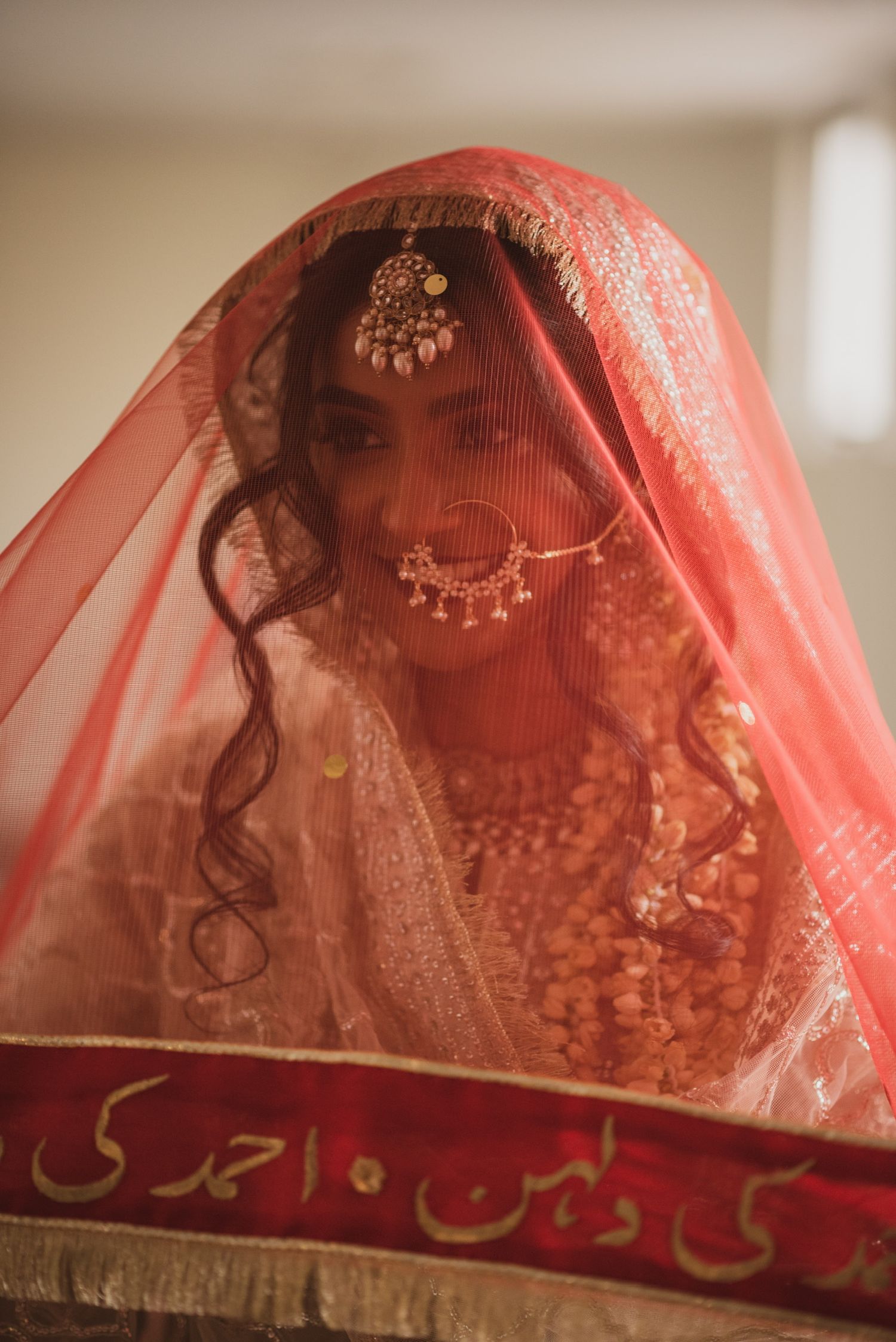 Traditional bride in red veil with ornate jewelry and embroidered details.