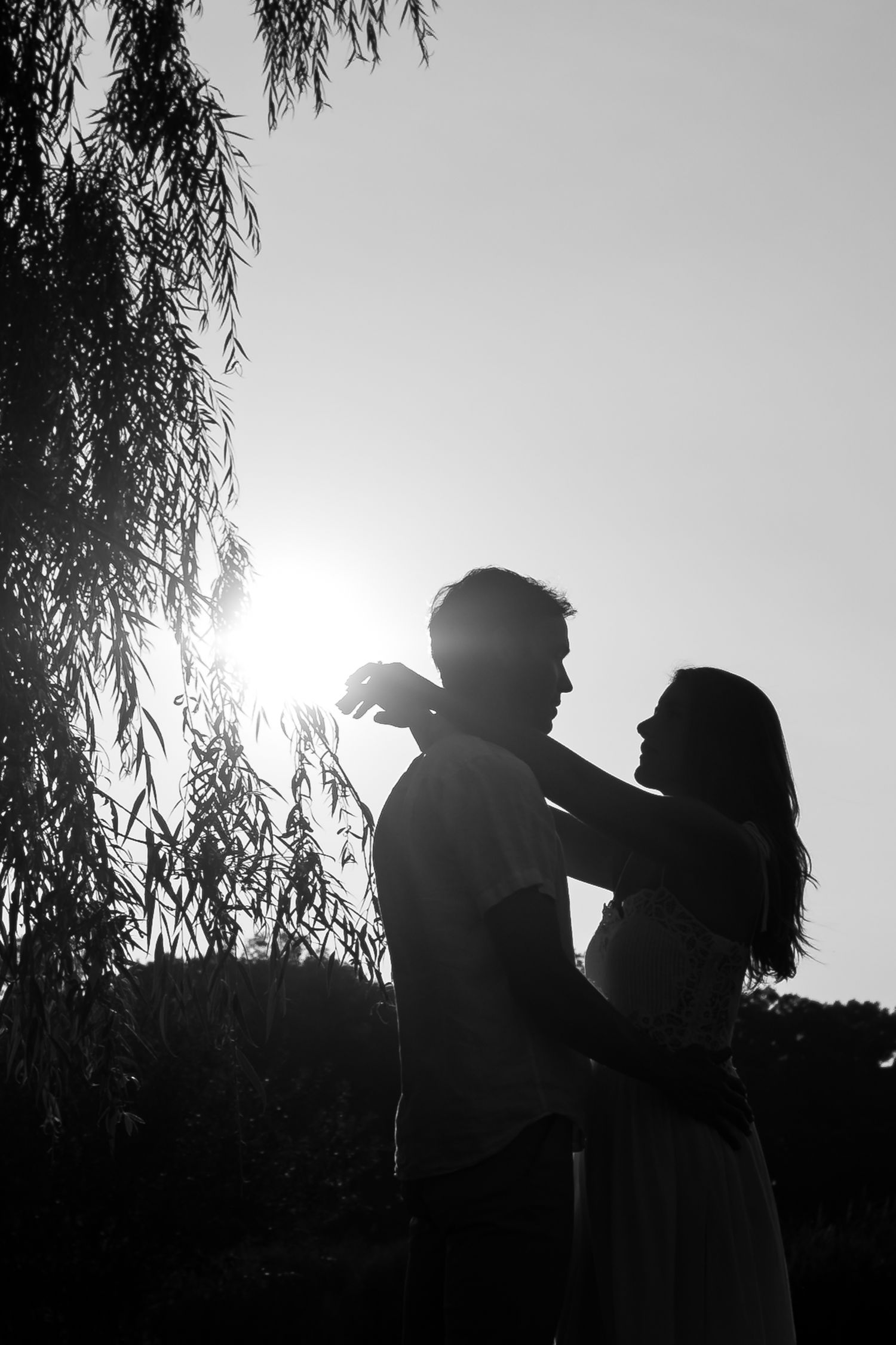 Silhouetted couple sharing an intimate moment under willow trees at sunset.