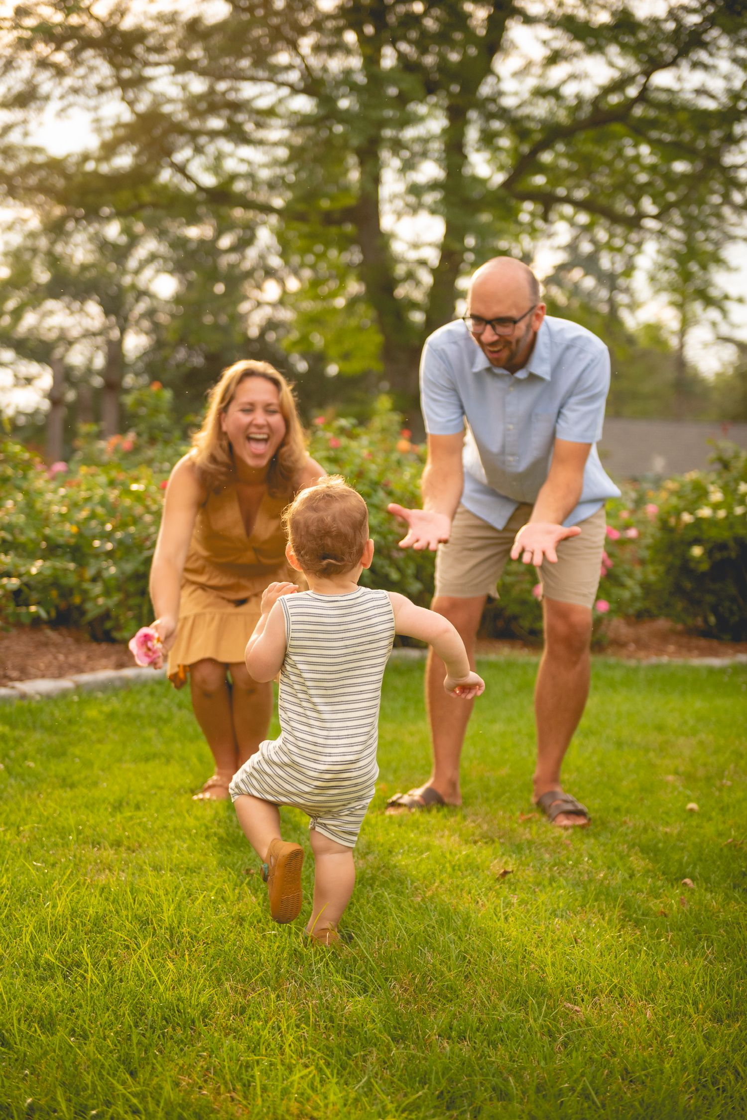 A family plays together on lush green grass during a summer evening.