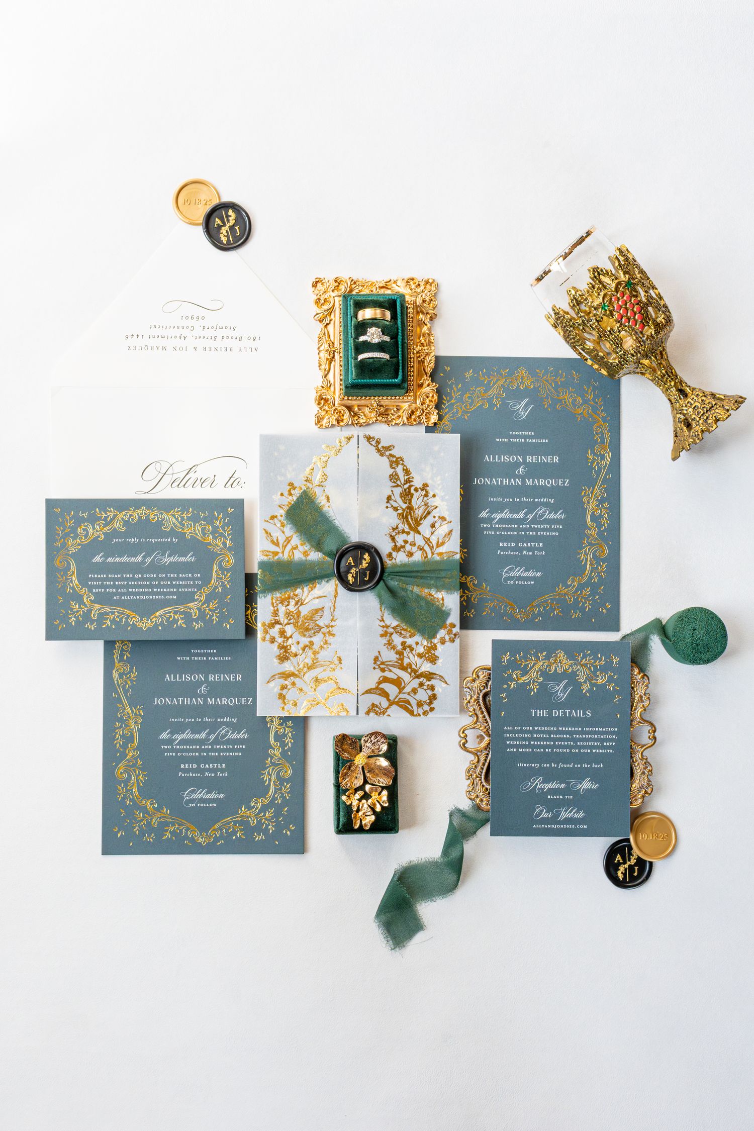 Elegant wedding invitation suite in green and gold for castle wedding.