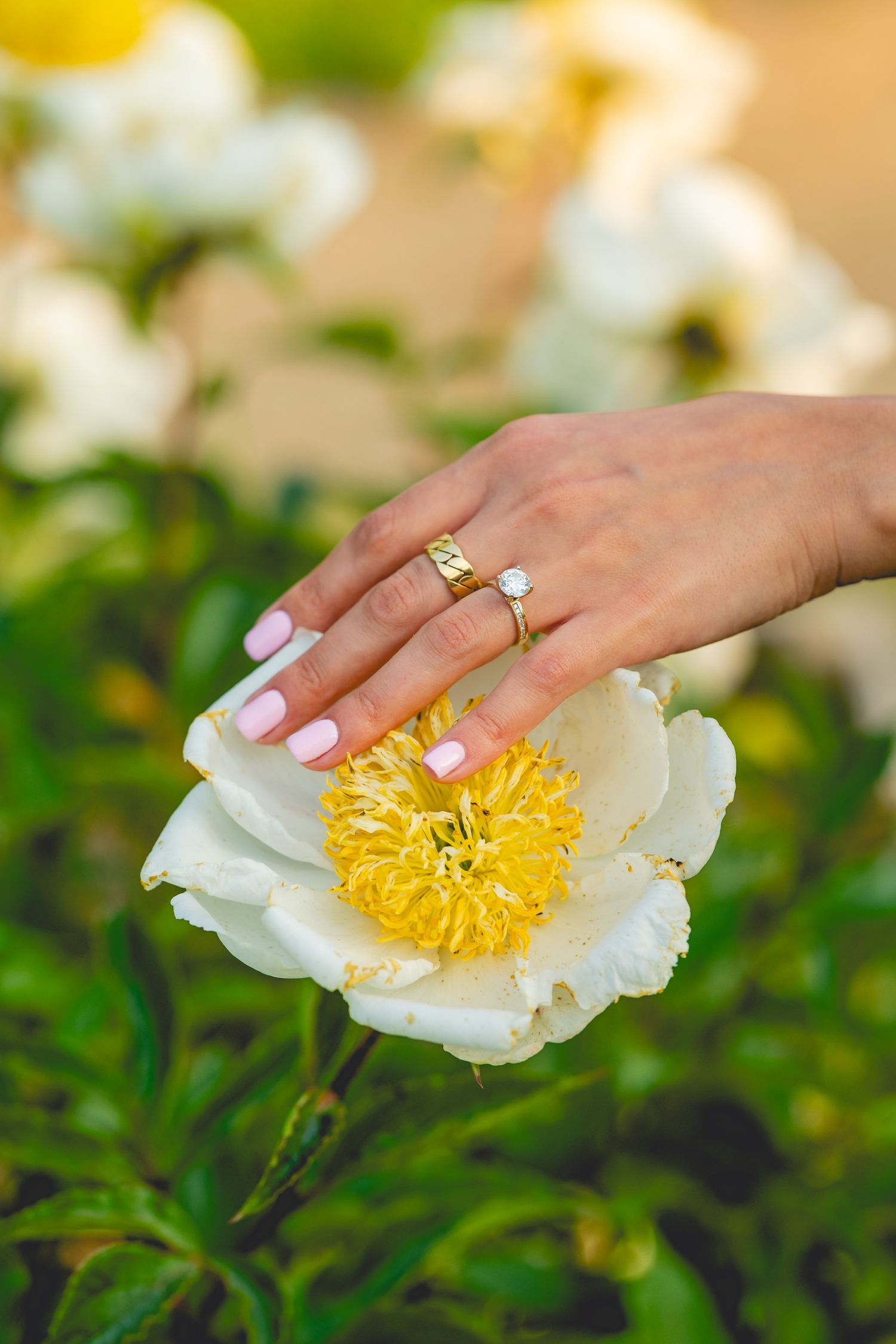 A hand wearing an engagement ring touches a delicate white peony flower with yellow center.