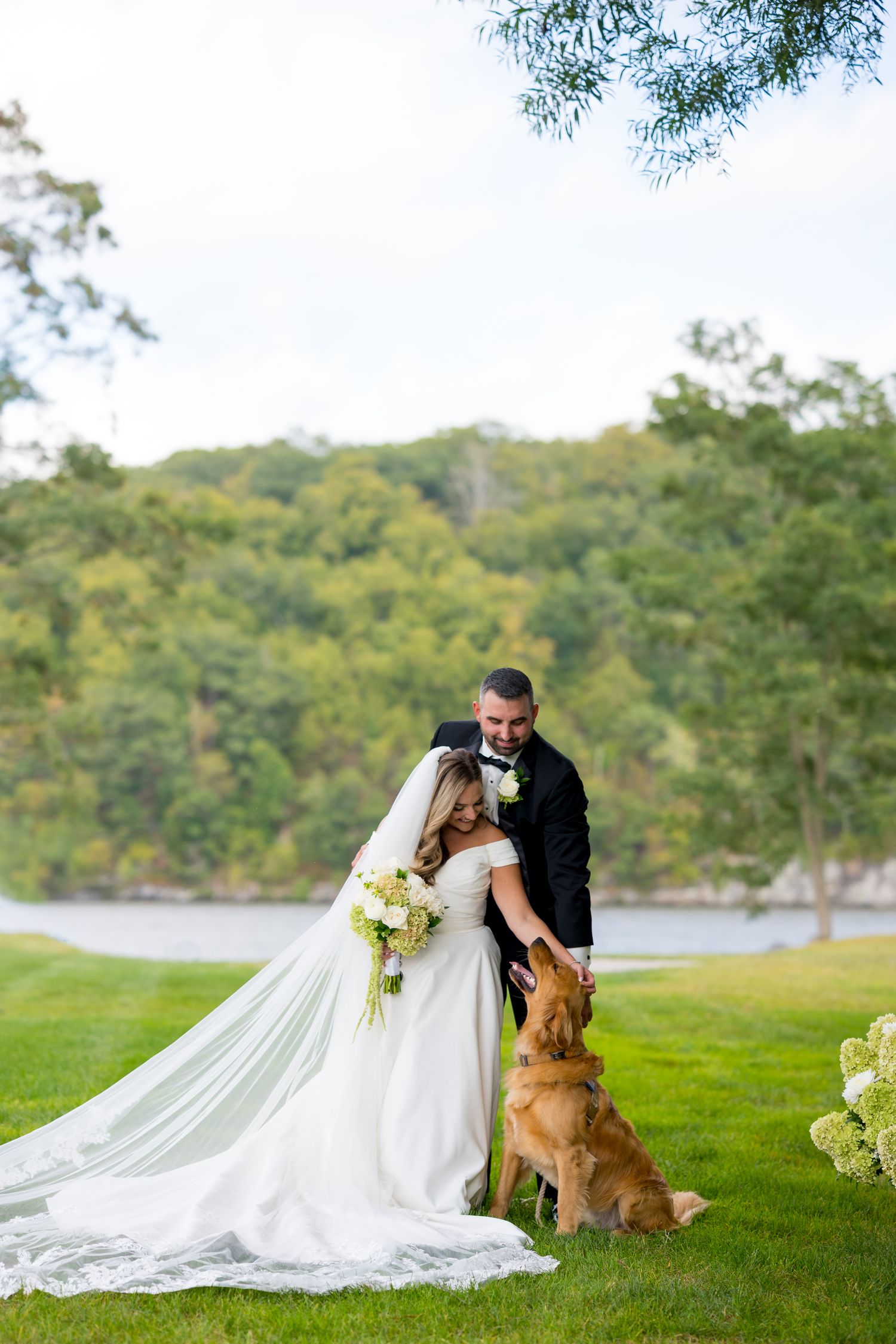 A wedding couple poses with their golden retriever on a grassy hill overlooking a lake.