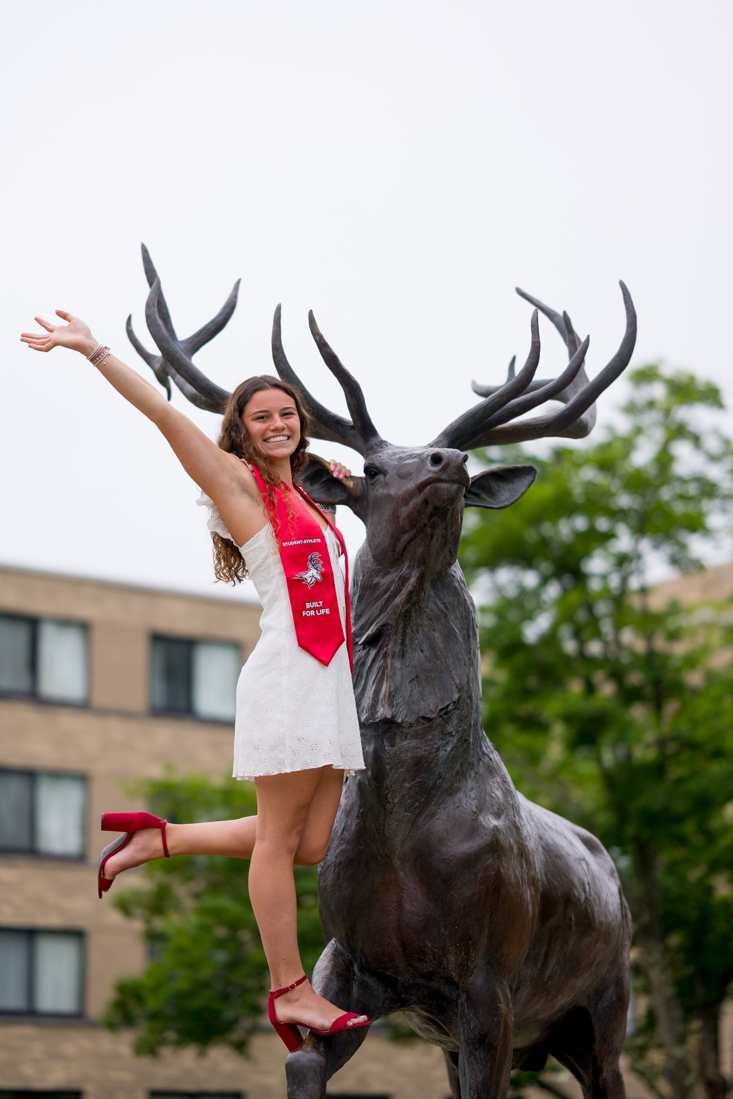A playful pose with a large bronze stag statue on Fairfield University campus for graduation photos.