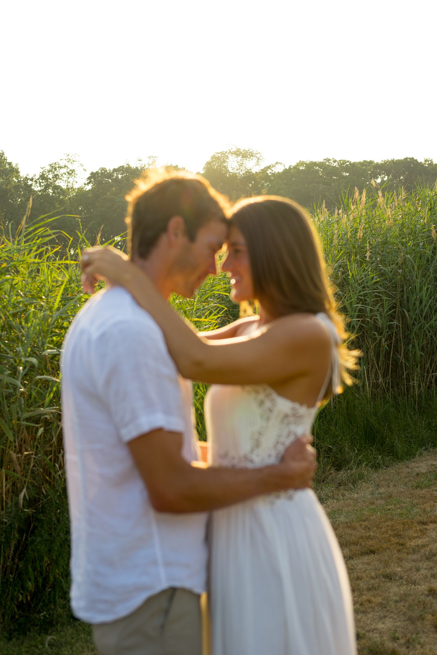Romantic sunset embrace among tall grass with golden sunlight streaming through.