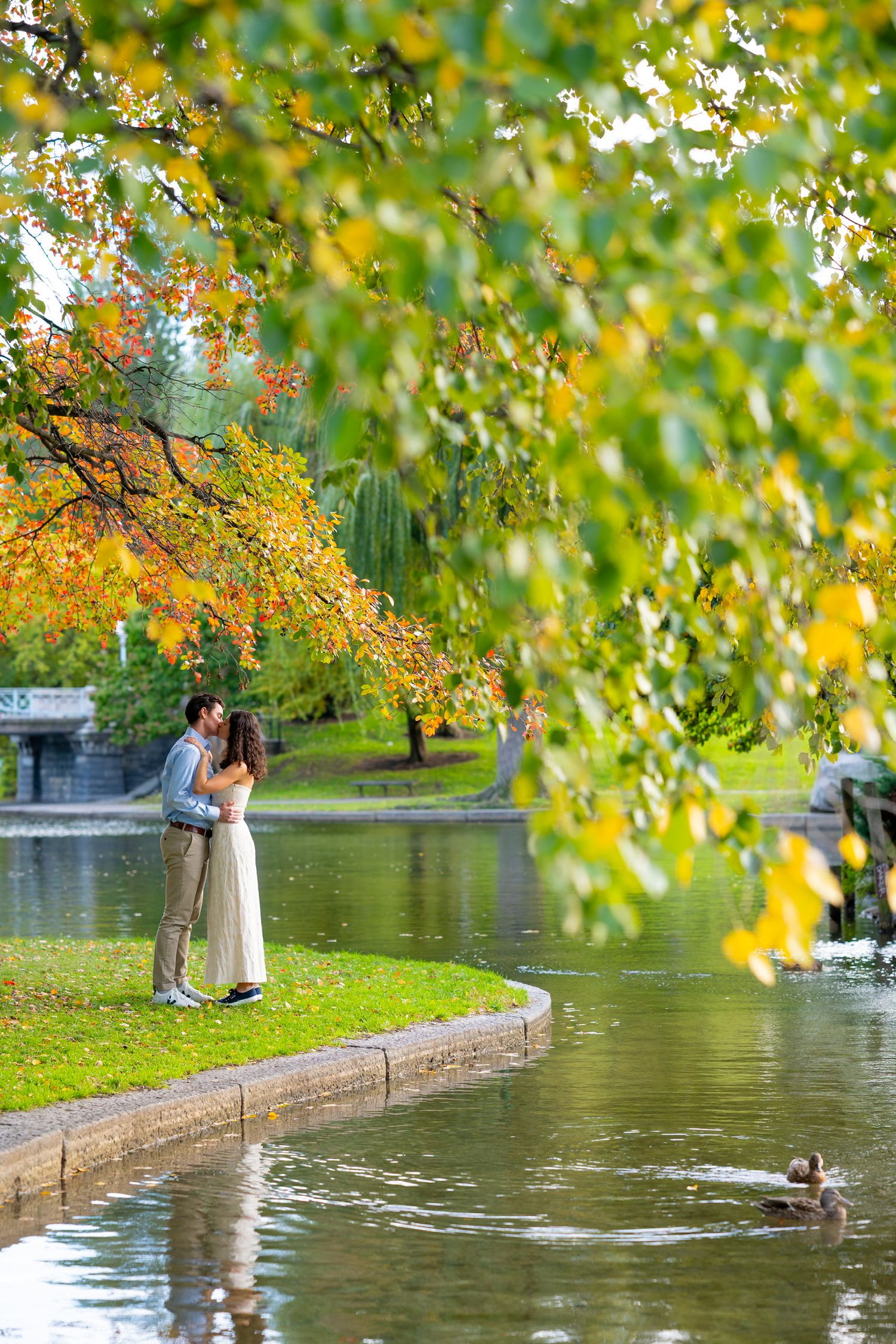Couple standing by a pond in autumn with colorful foliage reflecting in the water at Boston Public Gardens.