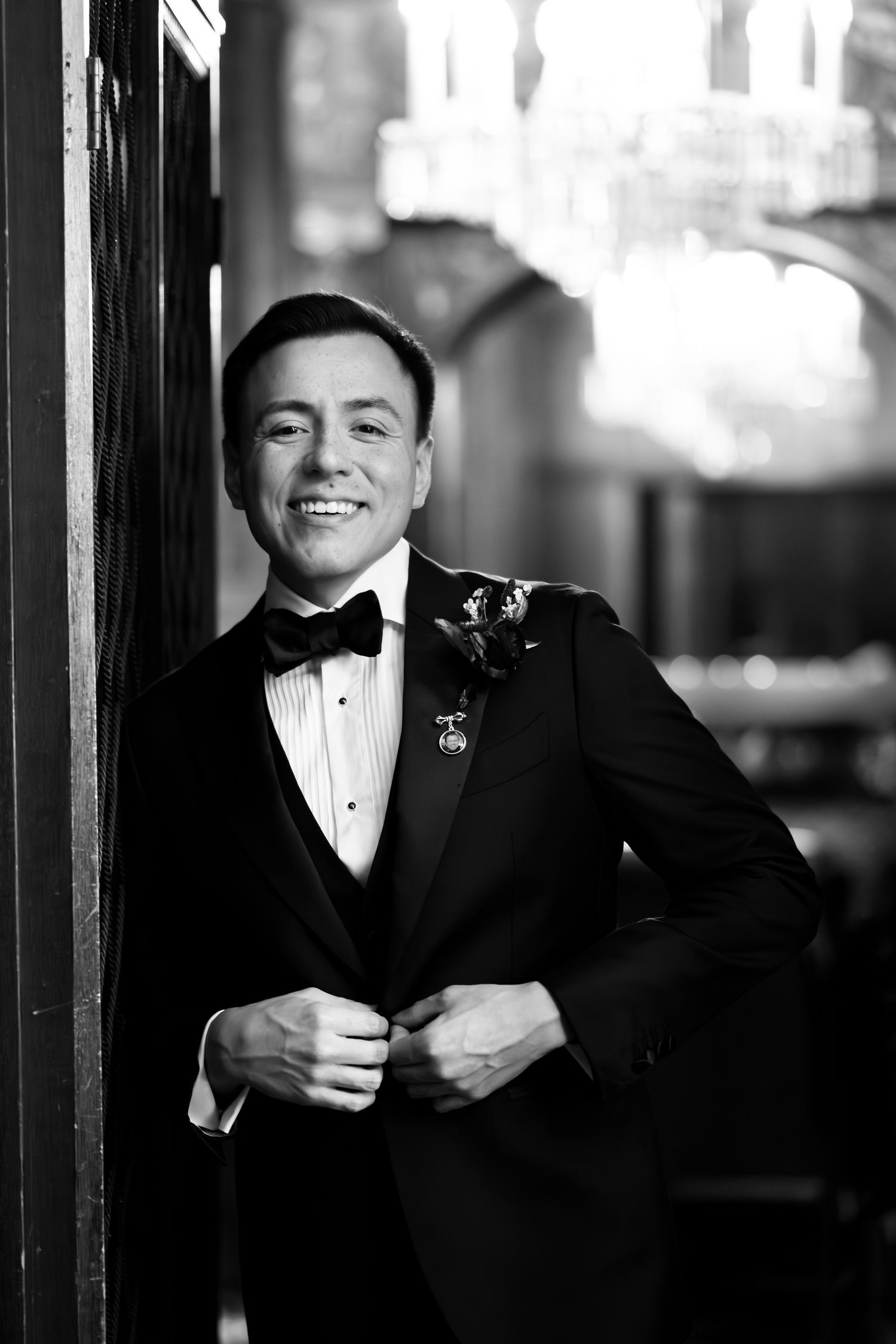 Classic black and white groom portraits in formal wear for castle wedding in New York.