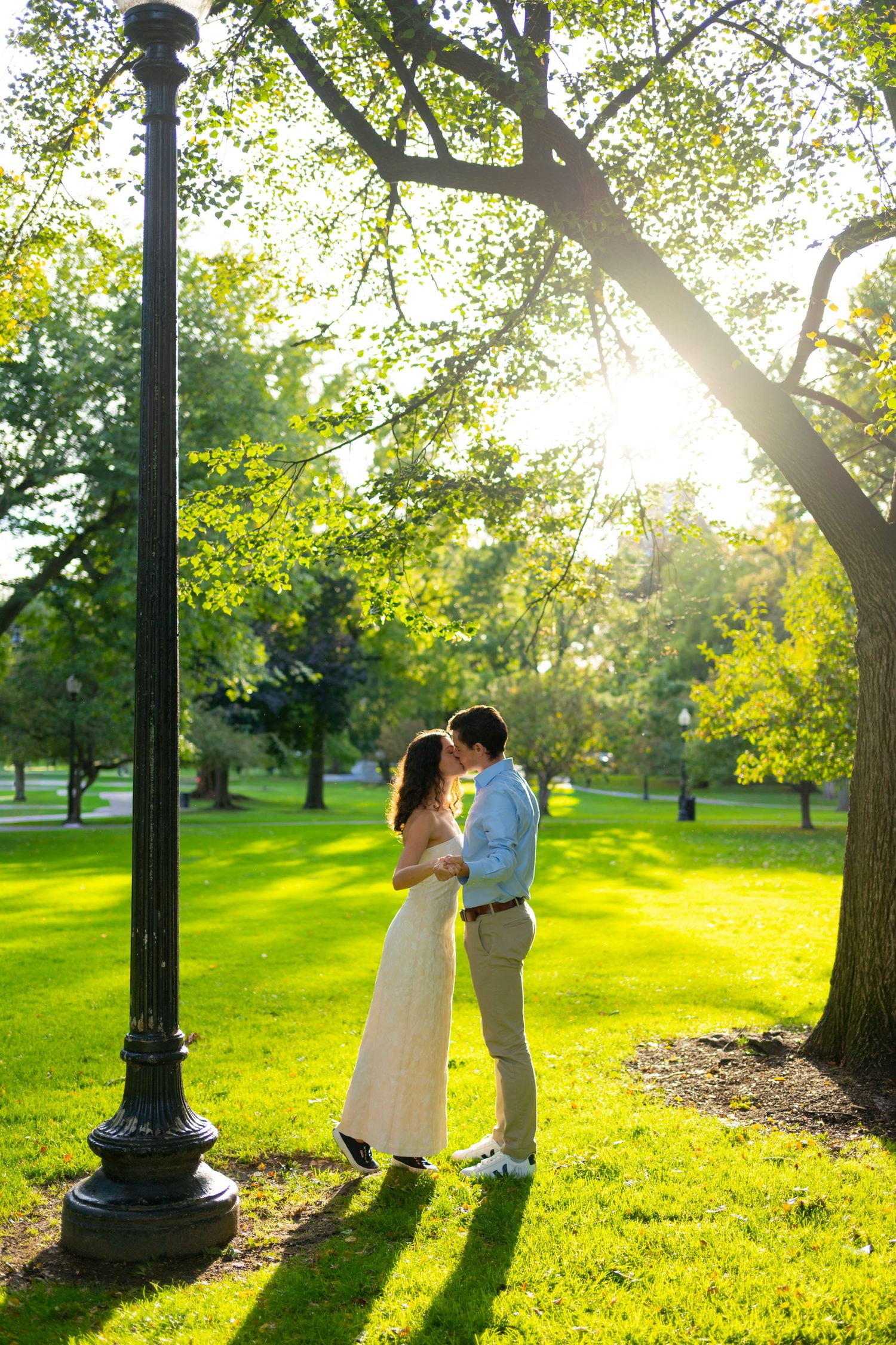 Romantic scene in a sunlit park with lamp posts and green trees in Boston, Massachusetts.