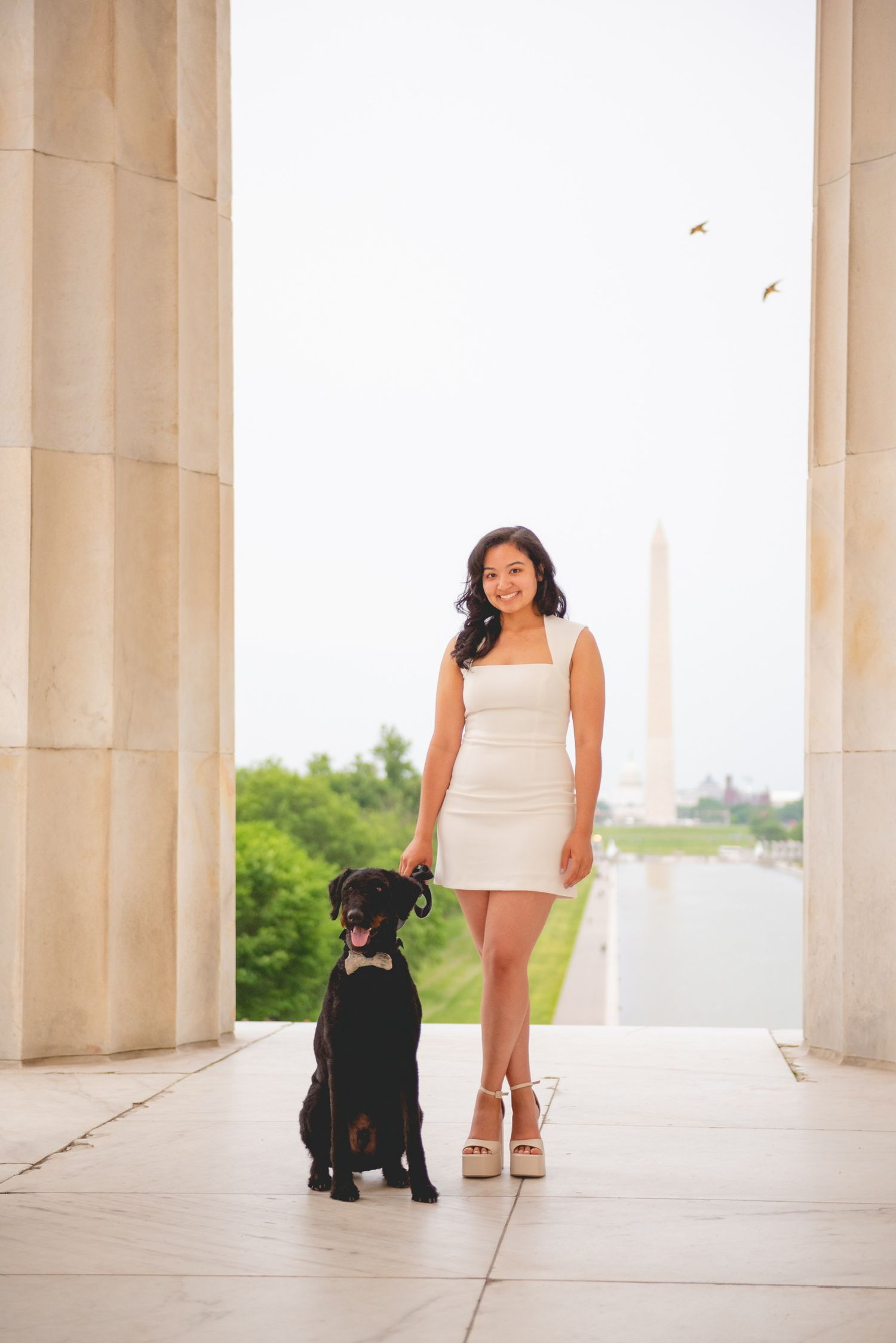 Graduate poses with black dog among white marble columns during photo session.