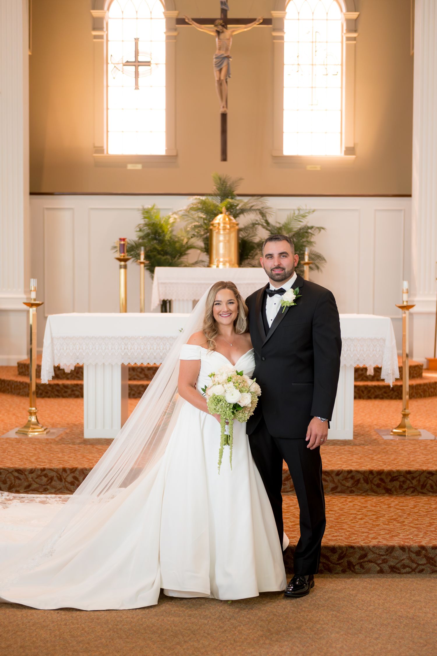 Interior of a church with wedding ceremony photos arranged in a collage showing decorative elements and altar.