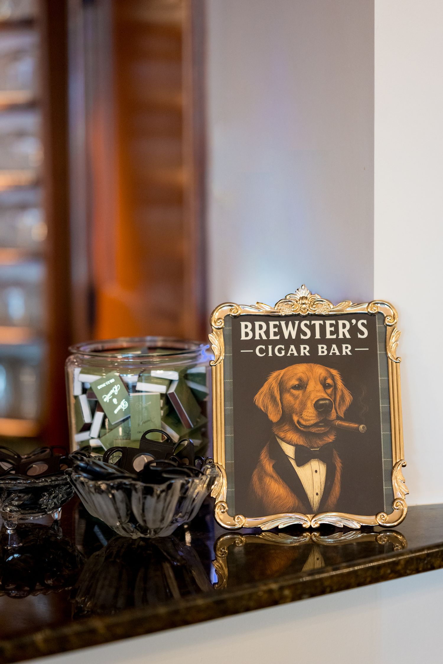 Vintage-style cigar bar signs featuring illustrations of dogs in formal attire.