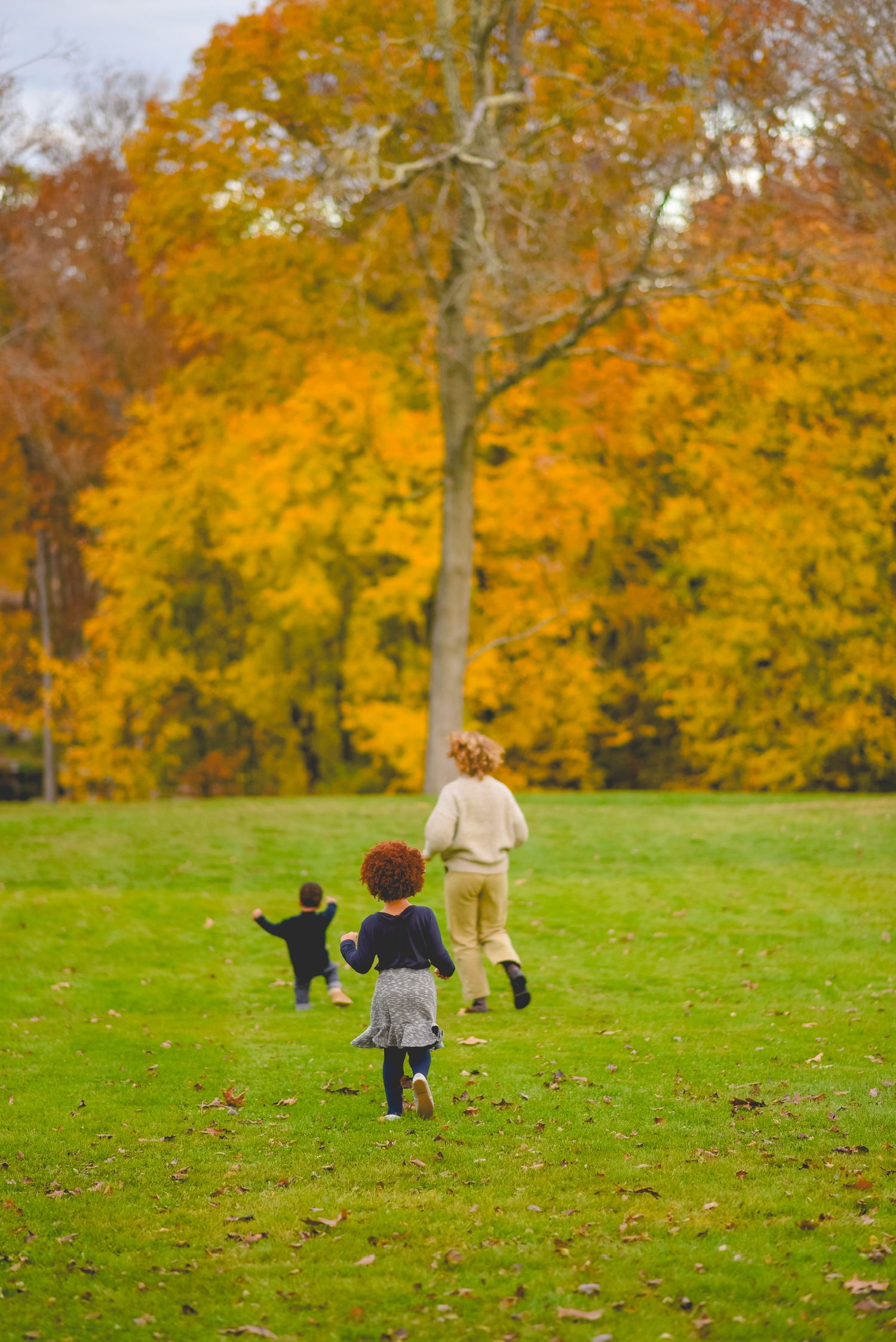 Small figures walking across grassy hill with golden autumn trees in background.
