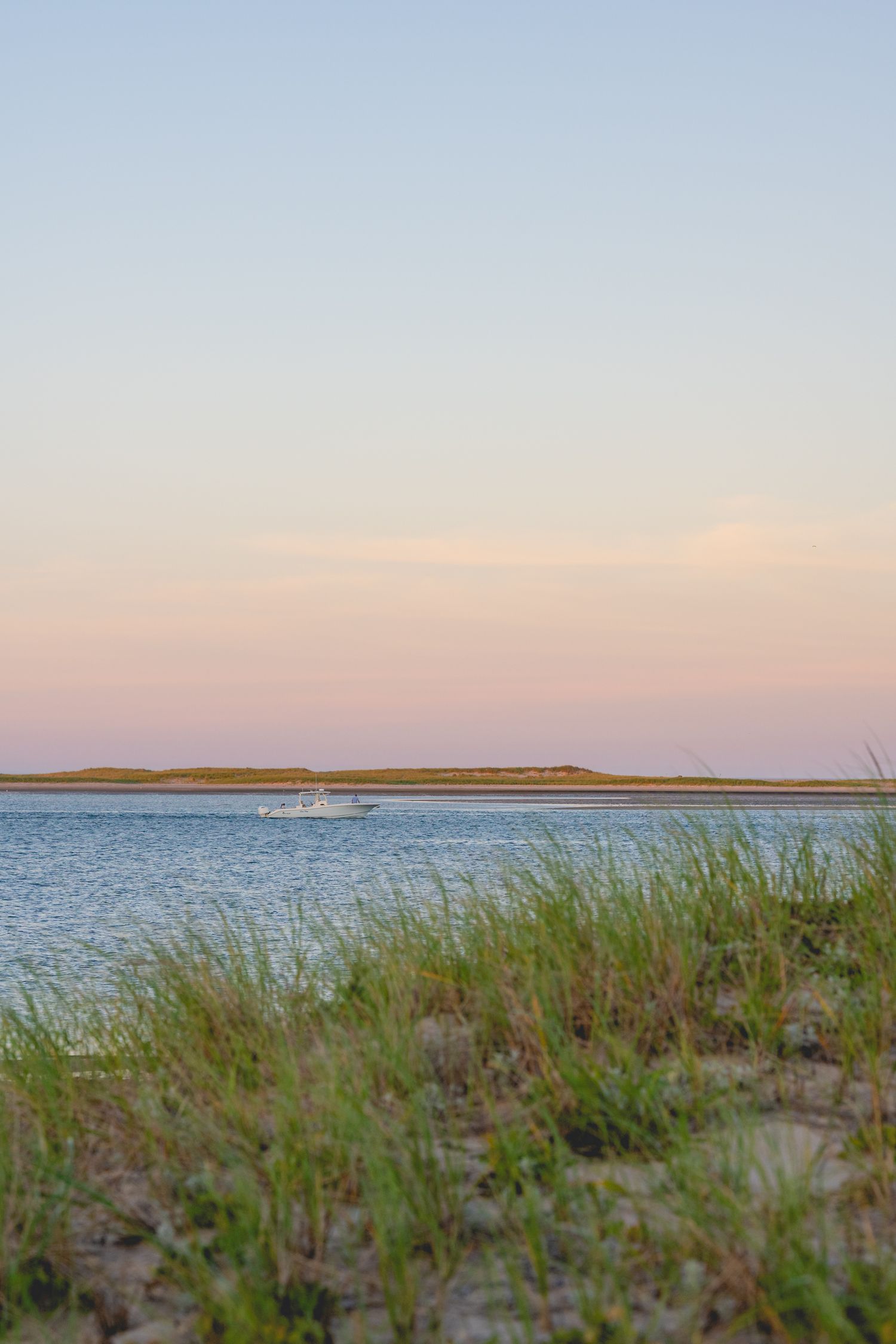 Coastal beach grass frames a serene sunset view over calm waters with distant shoreline at dusk.