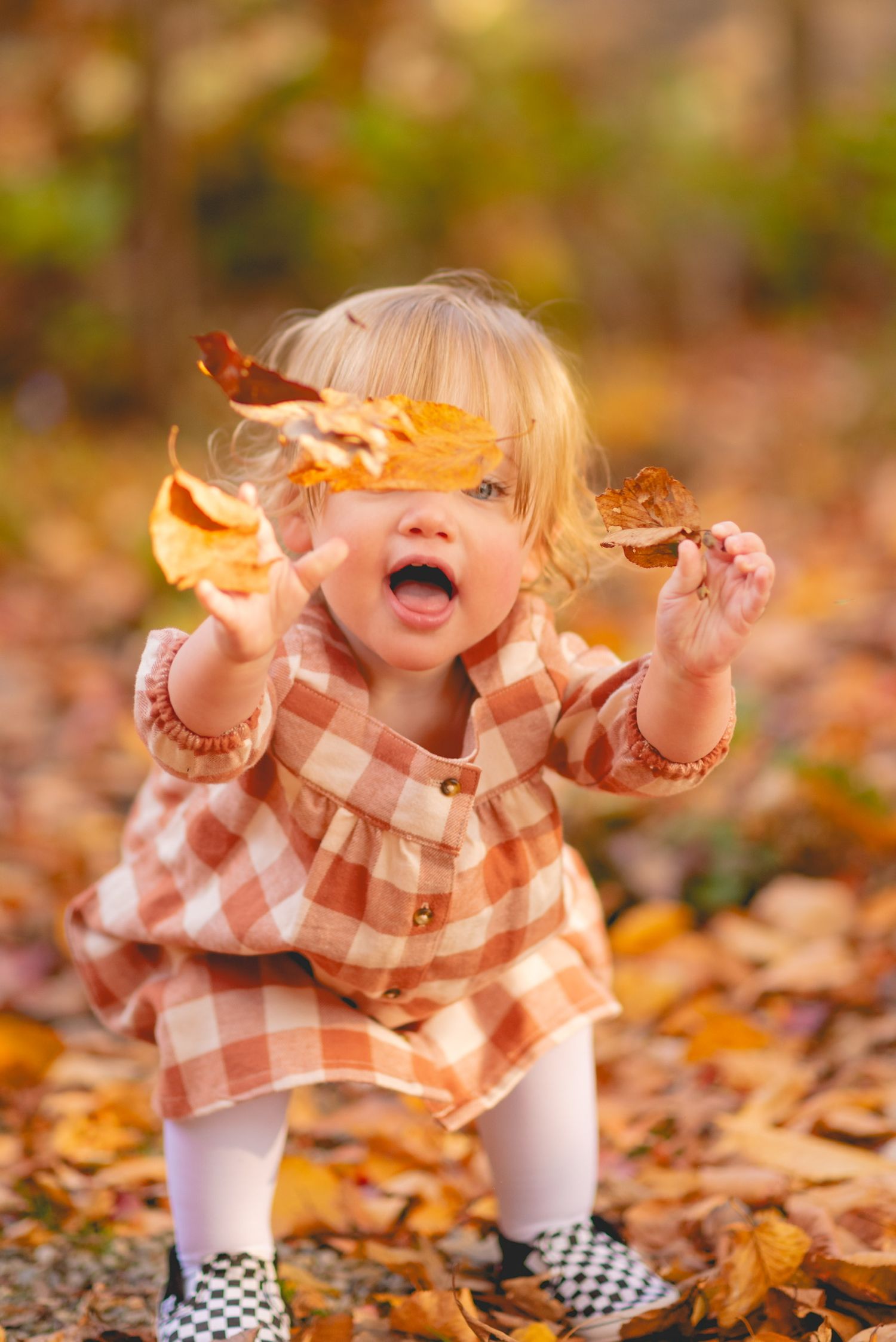 Small child in checkered dress playing with autumn leaves on the ground.