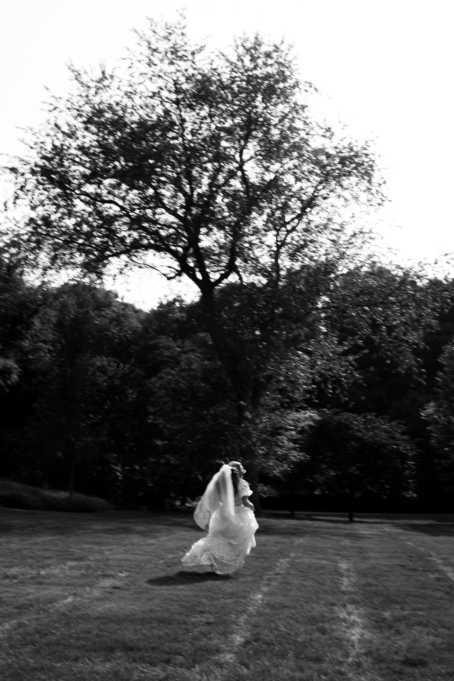White wedding dress flowing gracefully across a grassy field at dusk.