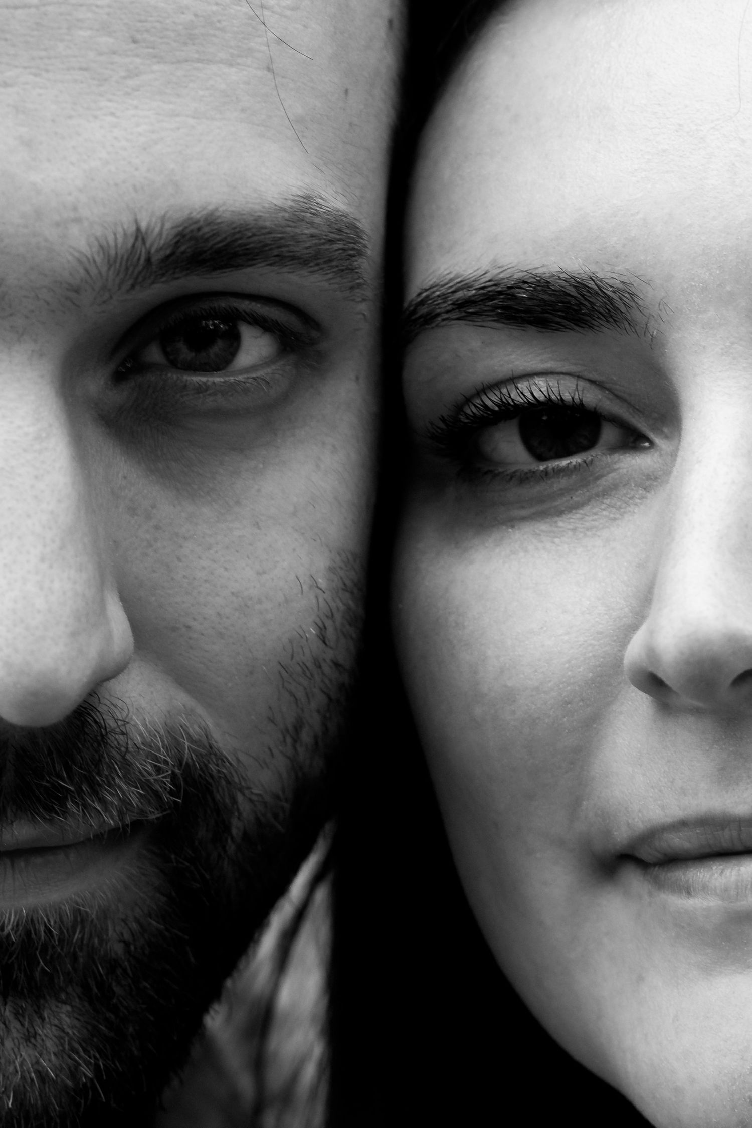 Close-up black and white portraits showing intimate facial details of a couple.