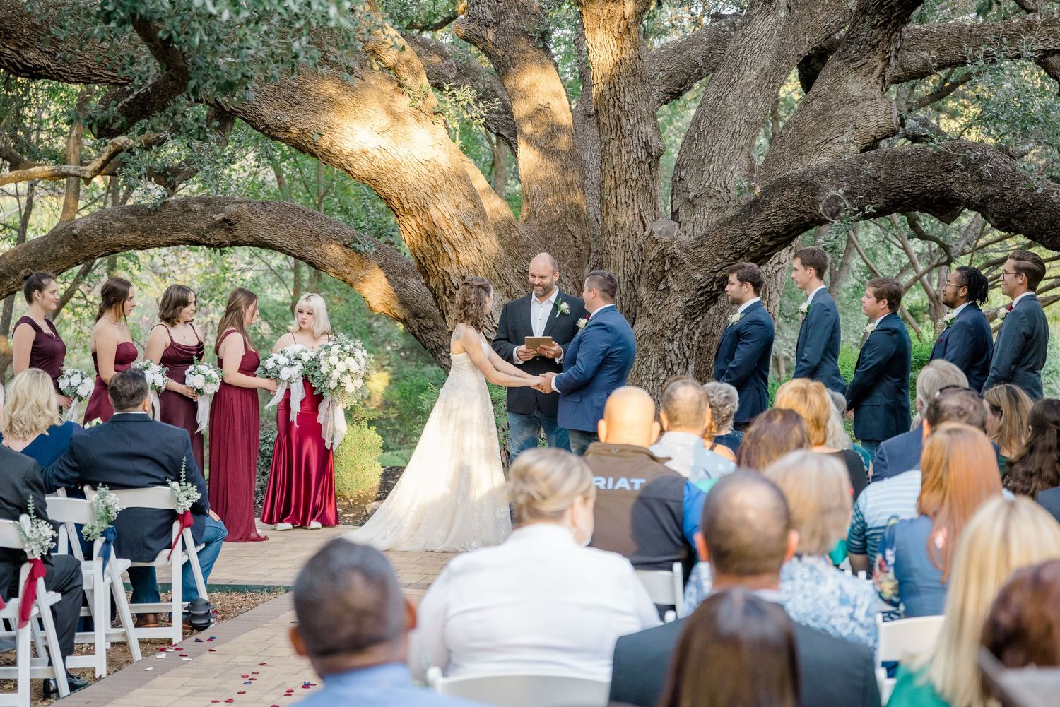 Wedding ceremony guests seated outdoors under large oak trees during a late afternoon gathering in nature.