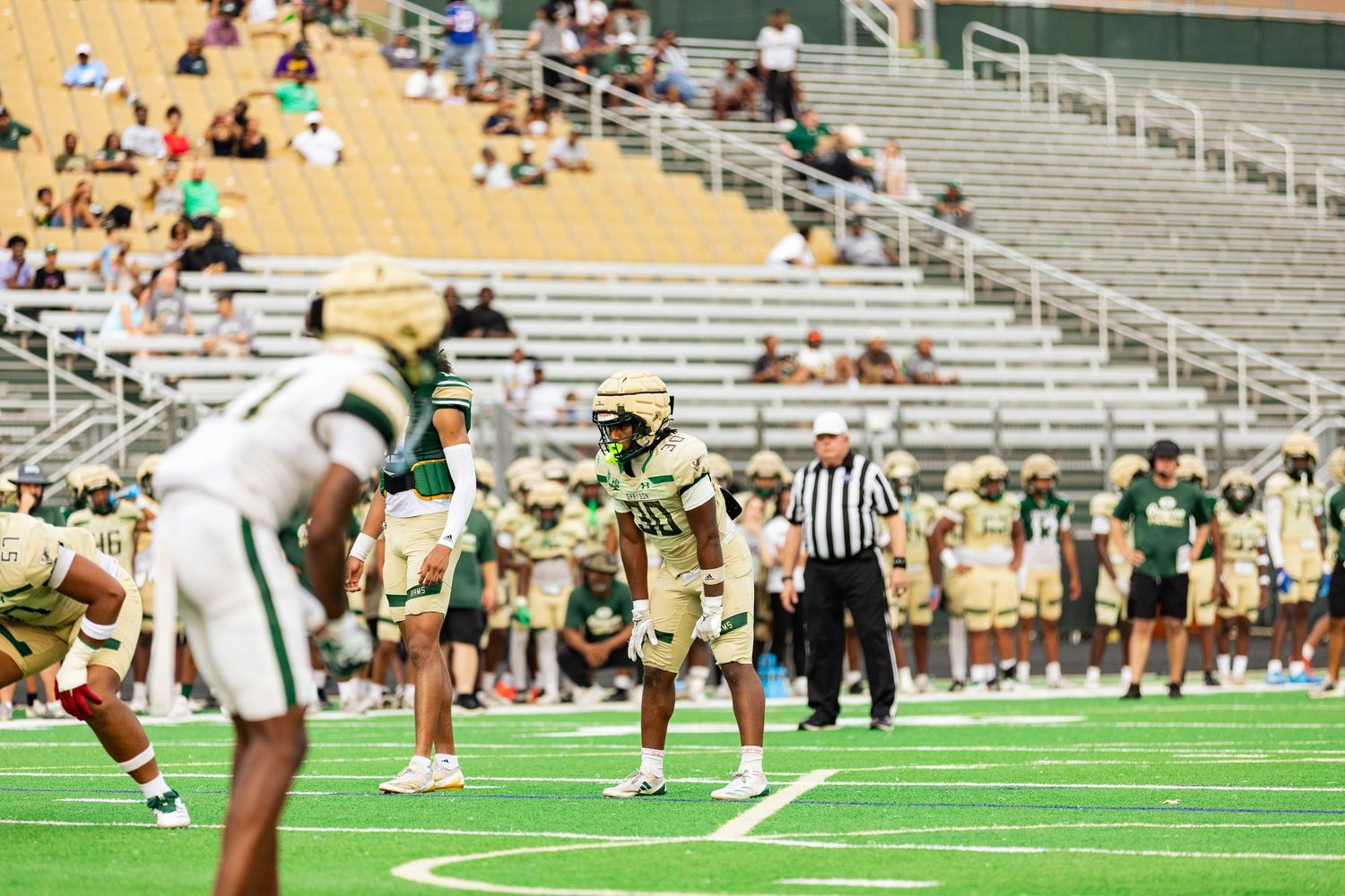 Football players in green and white uniforms compete on field during game with referee and stadium bleachers visible. Grayson High School